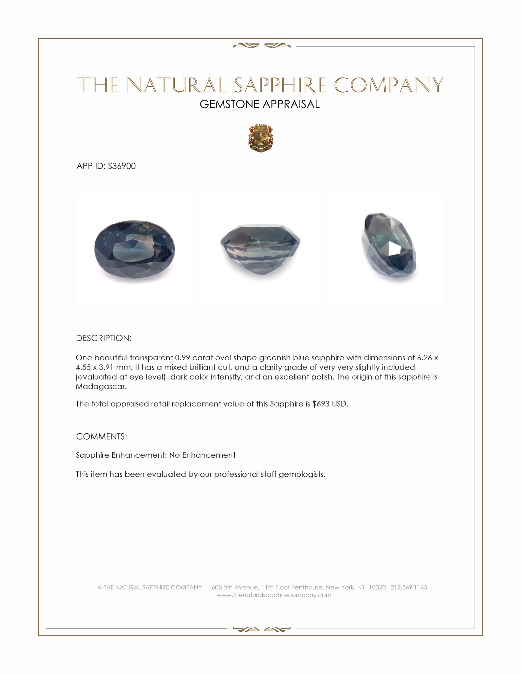 0.99 Ct. Greenish Blue Sapphire from Madagascar