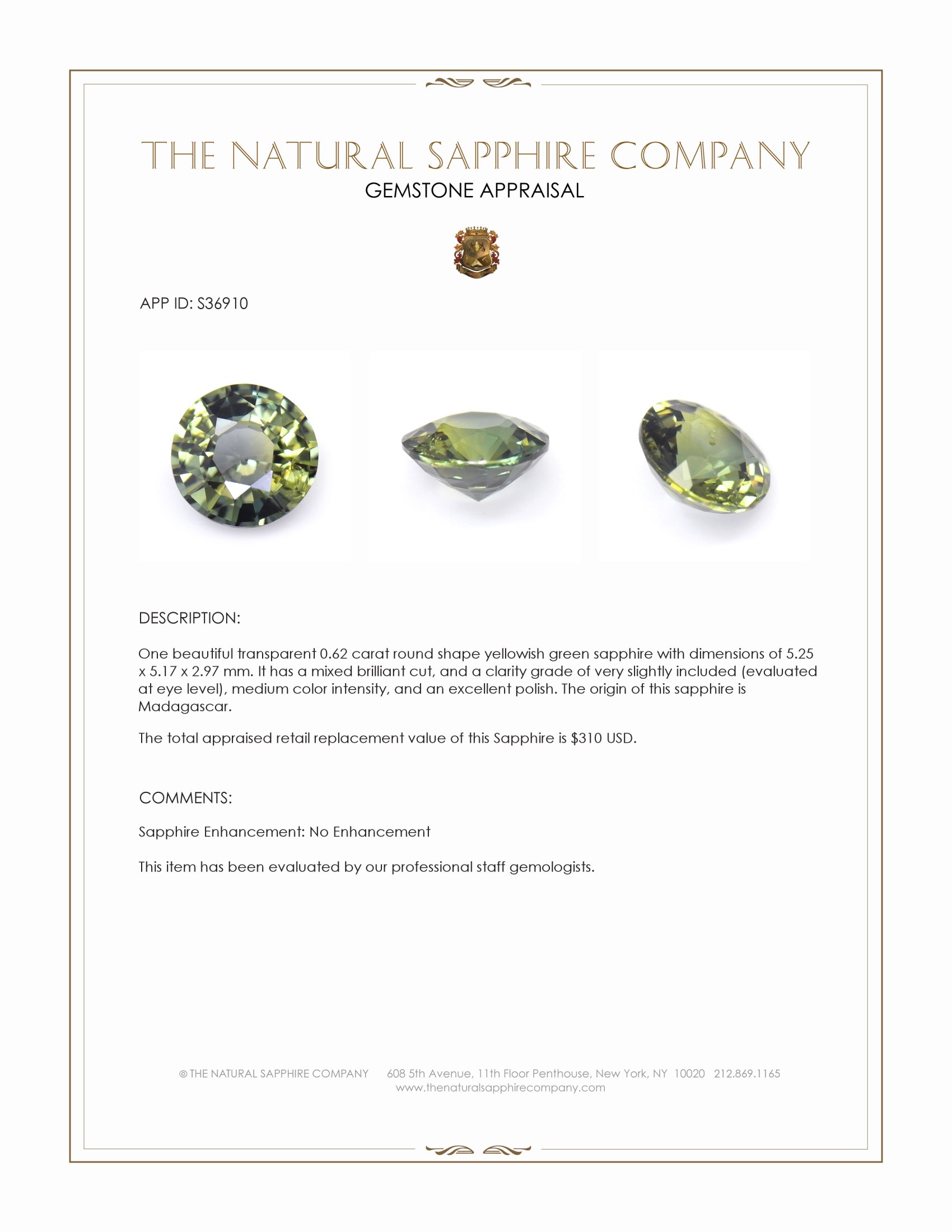 0.62 Ct. Yellowish Green Sapphire from Madagascar