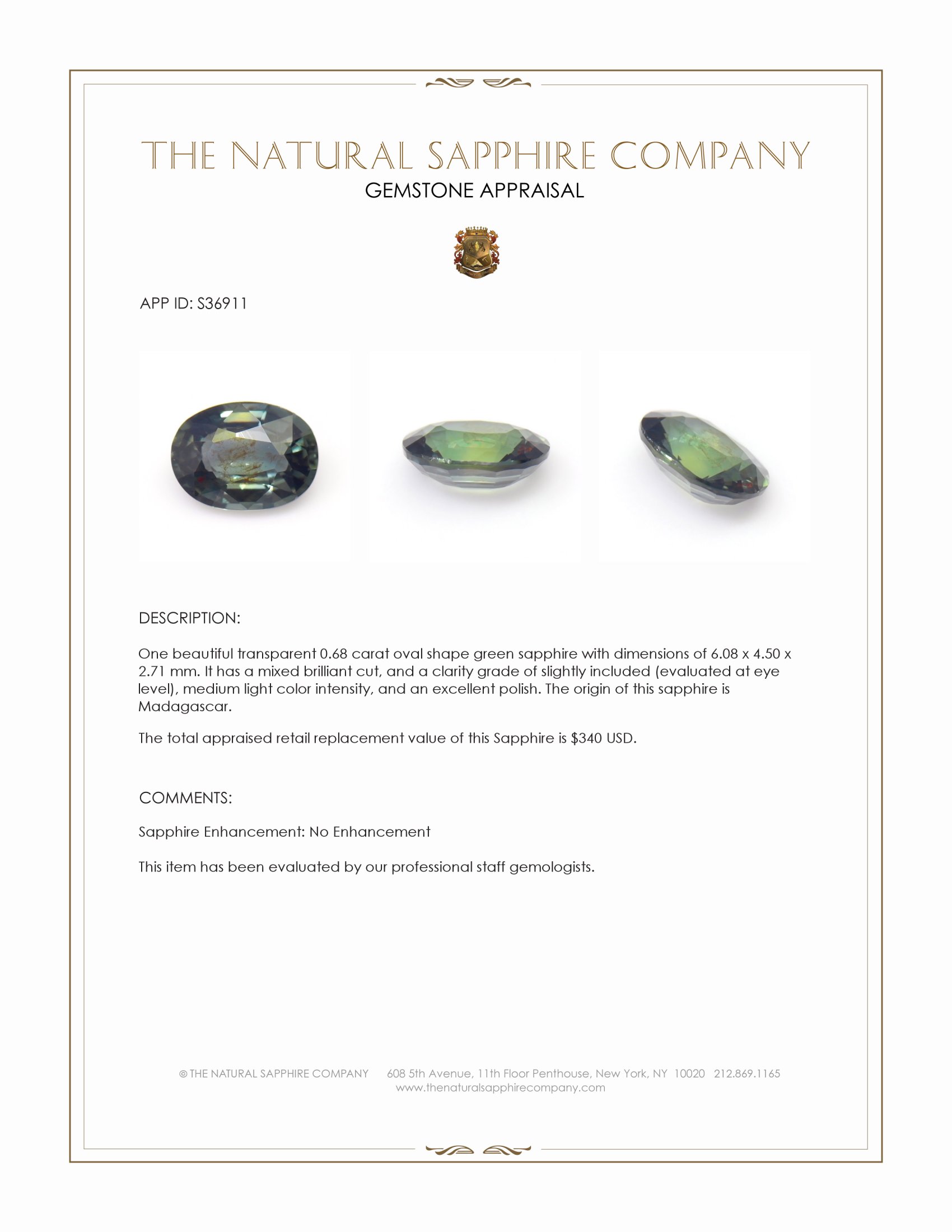0.68 Ct. Green Sapphire from Madagascar