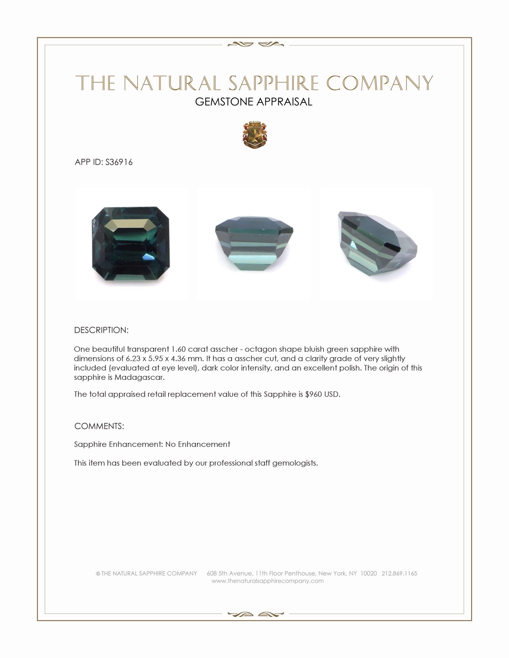 1.60 Ct. Bluish Green Sapphire from Madagascar