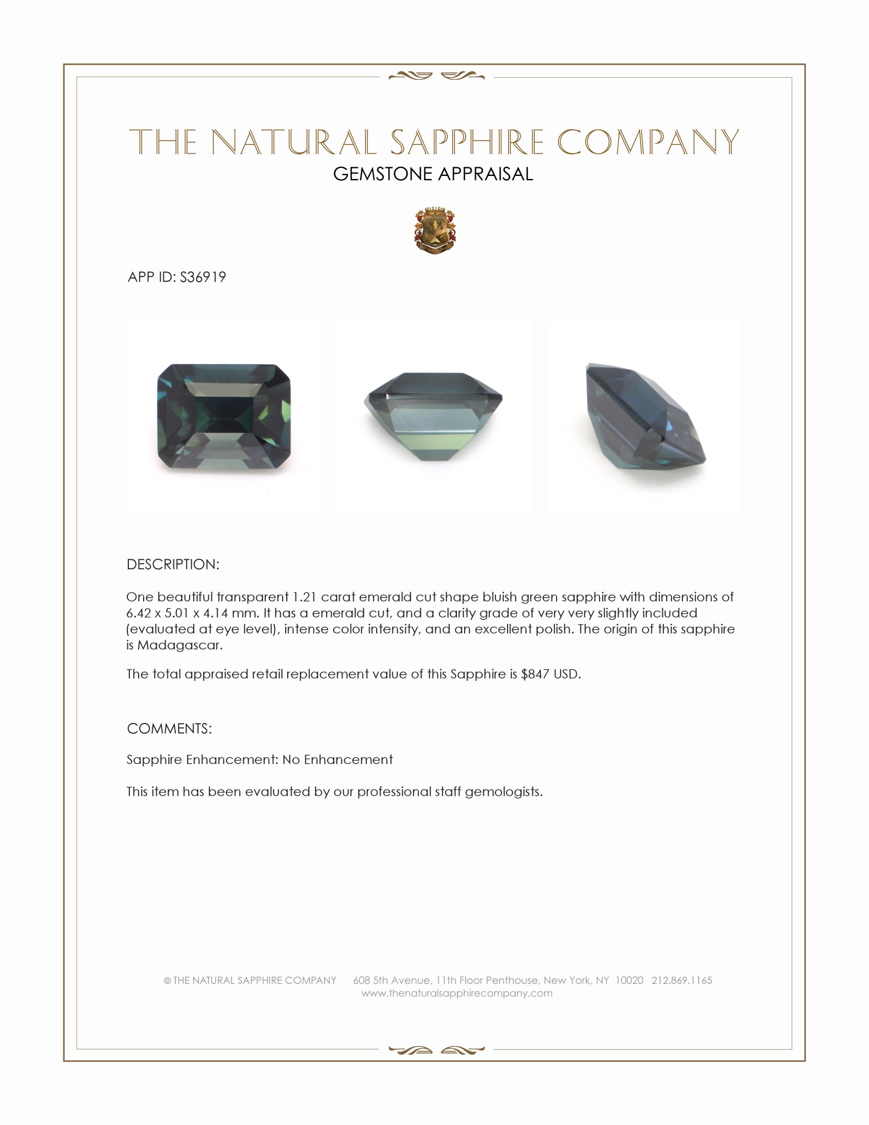 1.21 Ct. Bluish Green Sapphire from Madagascar