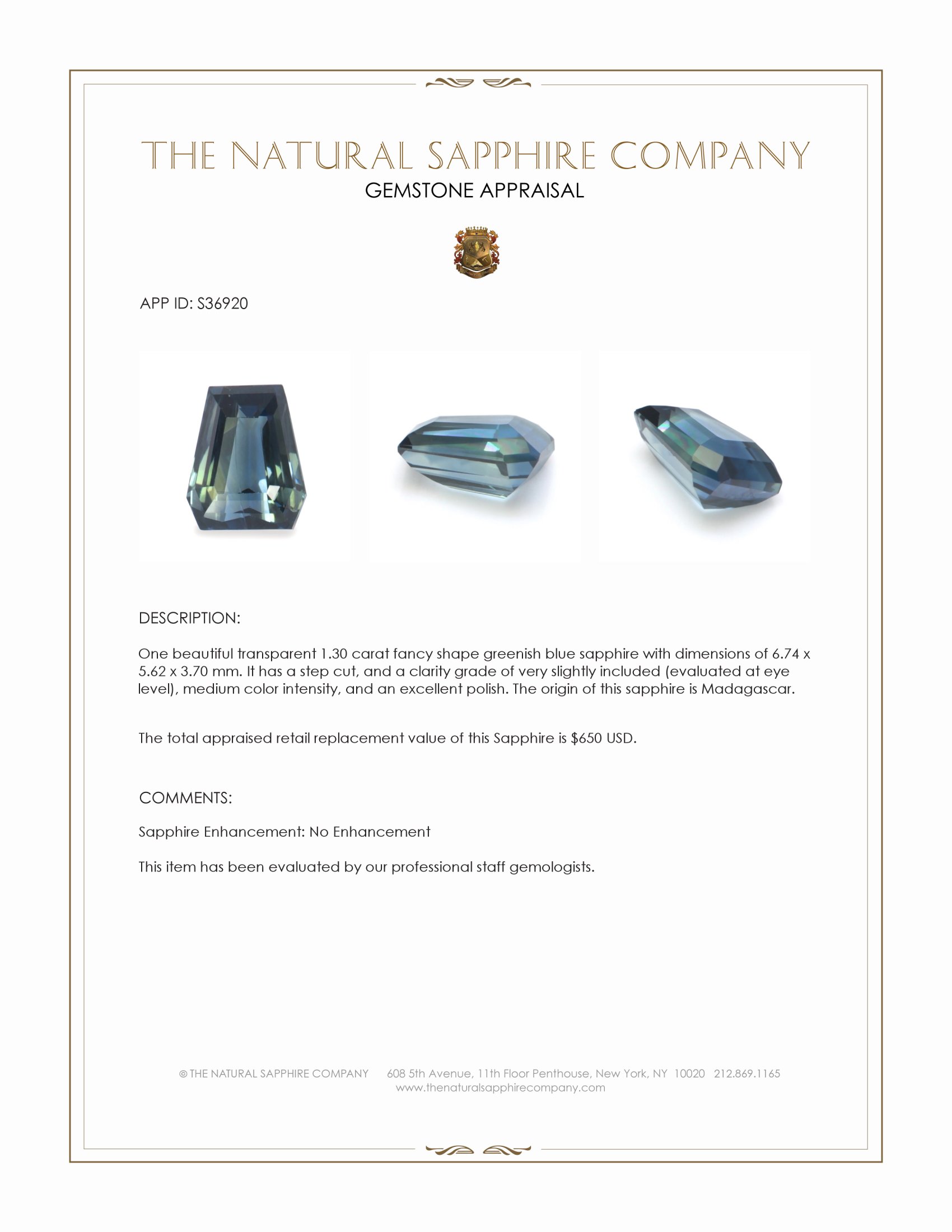 1.30 Ct. Greenish Blue Sapphire from Madagascar
