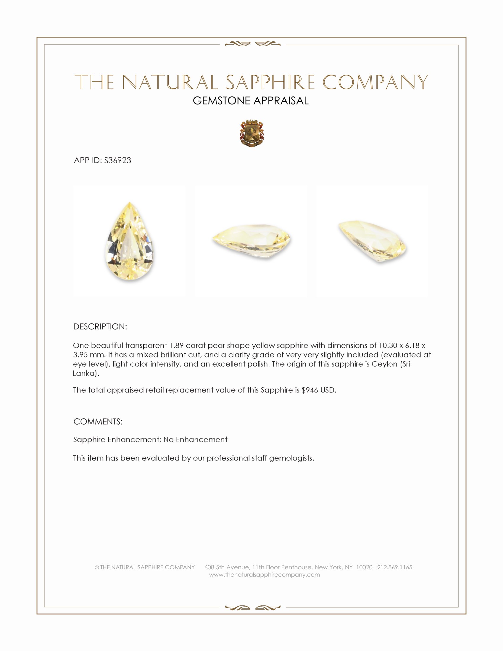 1.89 Ct. Yellow Sapphire from Ceylon (Sri Lanka)