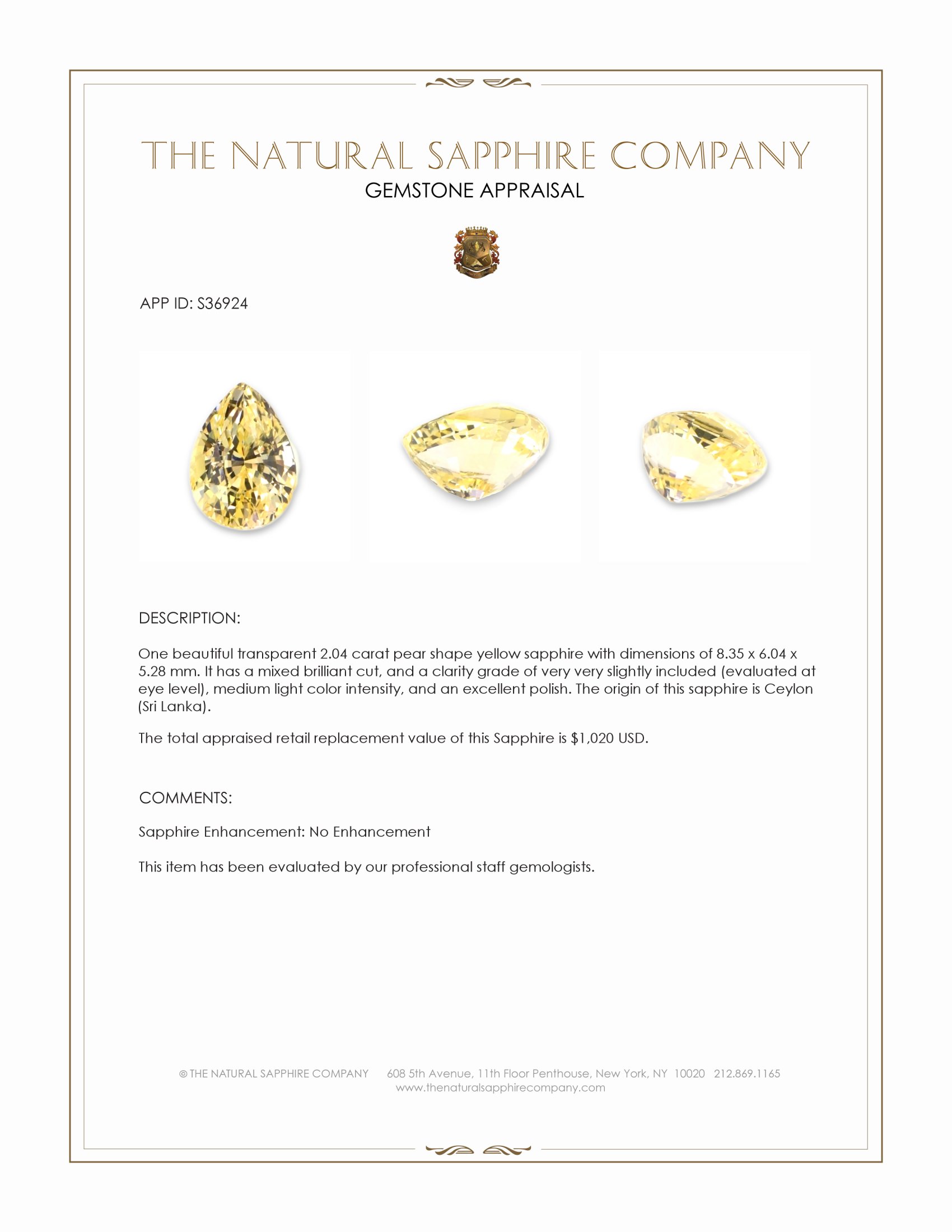 2.04 Ct. Yellow Sapphire from Ceylon (Sri Lanka)