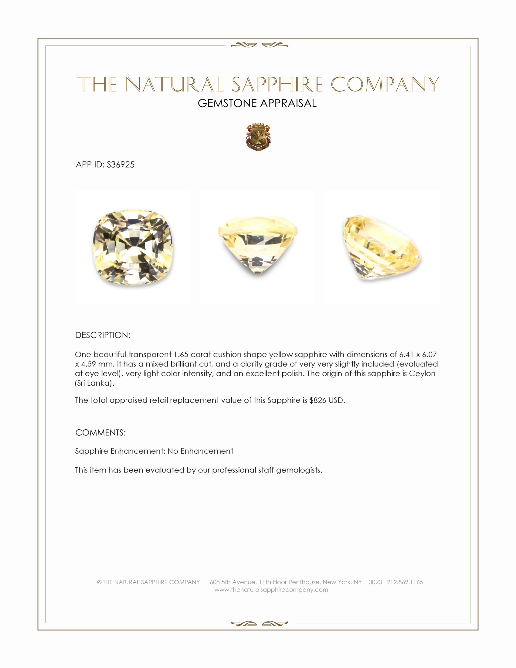 1.65 Ct. Yellow Sapphire from Ceylon (Sri Lanka)