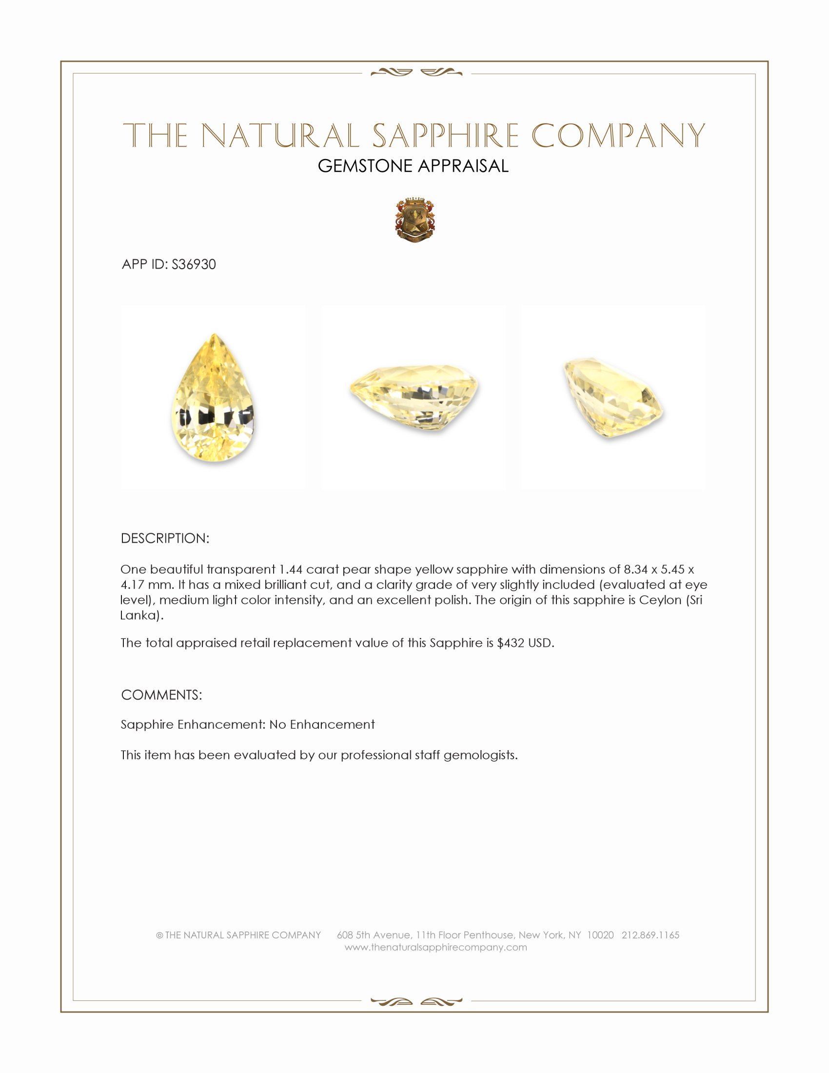 1.44 Ct. Yellow Sapphire from Ceylon (Sri Lanka)