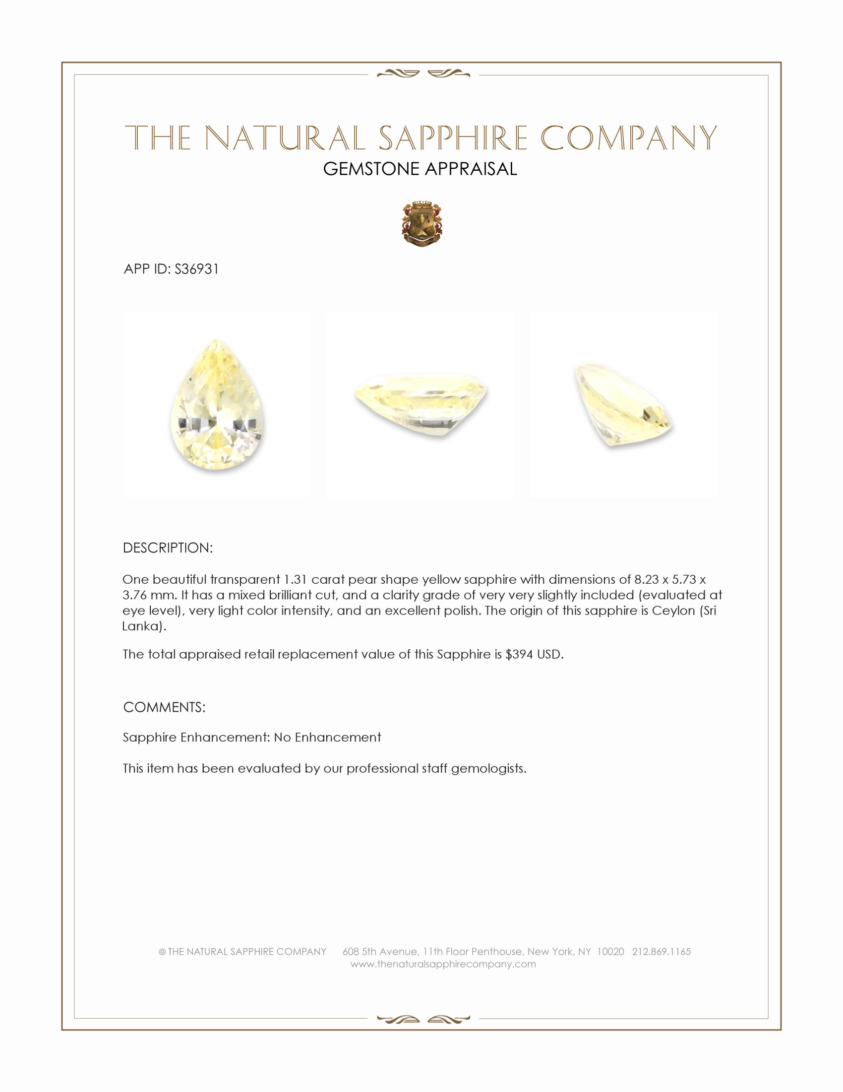 1.31 Ct. Yellow Sapphire from Ceylon (Sri Lanka)