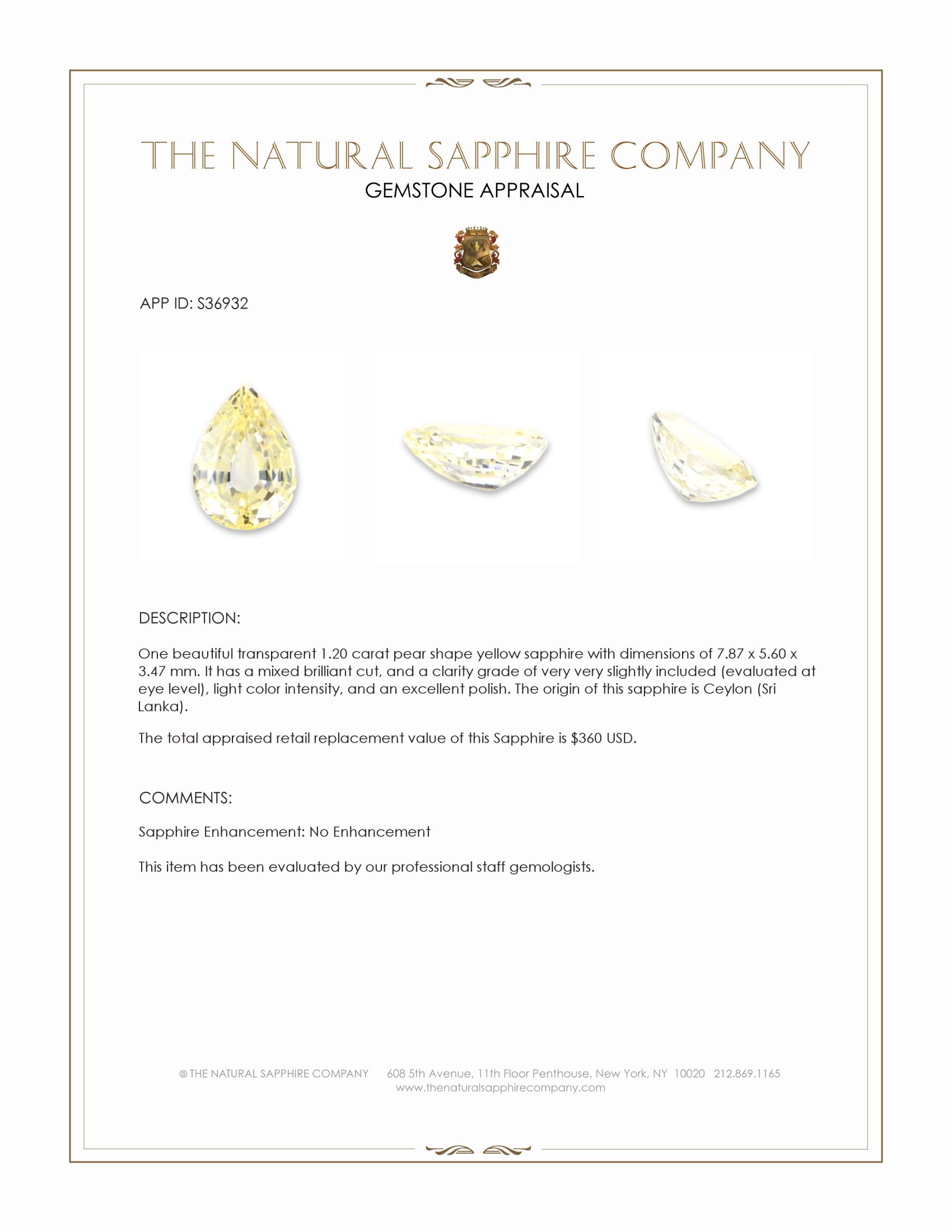 1.20 Ct. Yellow Sapphire from Ceylon (Sri Lanka)