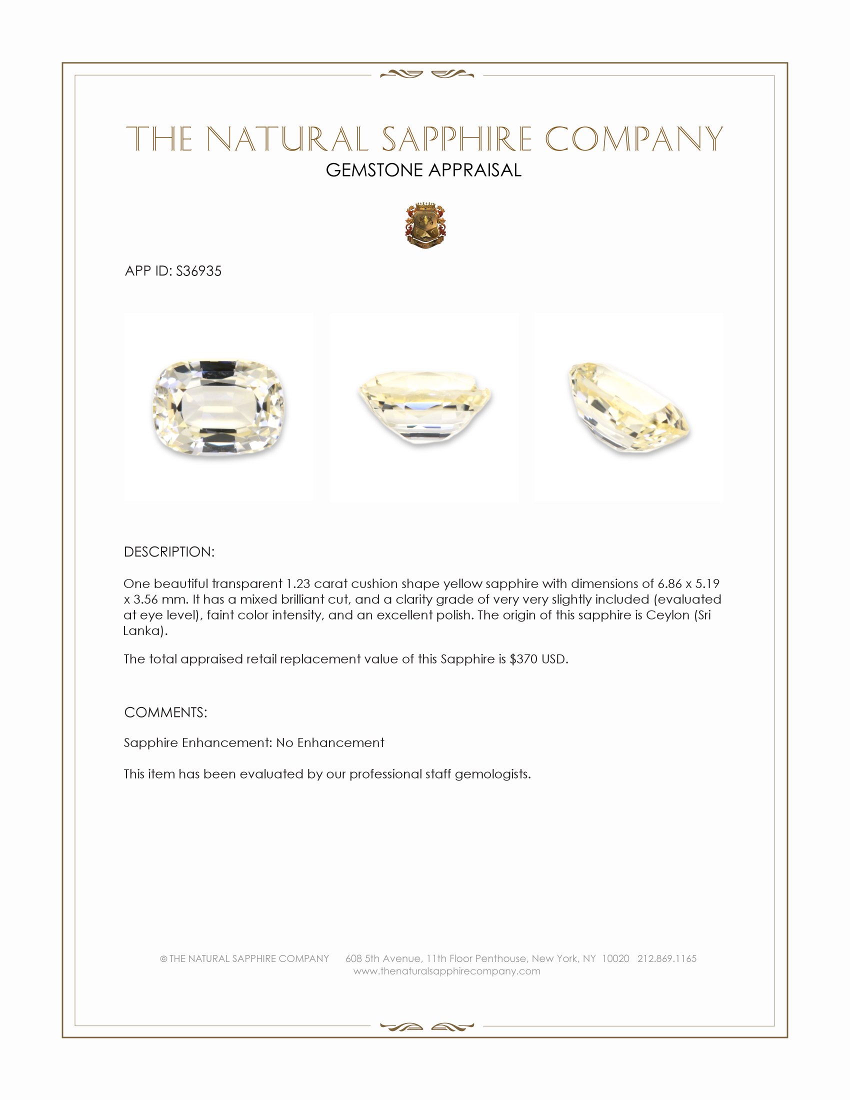 1.23 Ct. Yellow Sapphire from Ceylon (Sri Lanka)