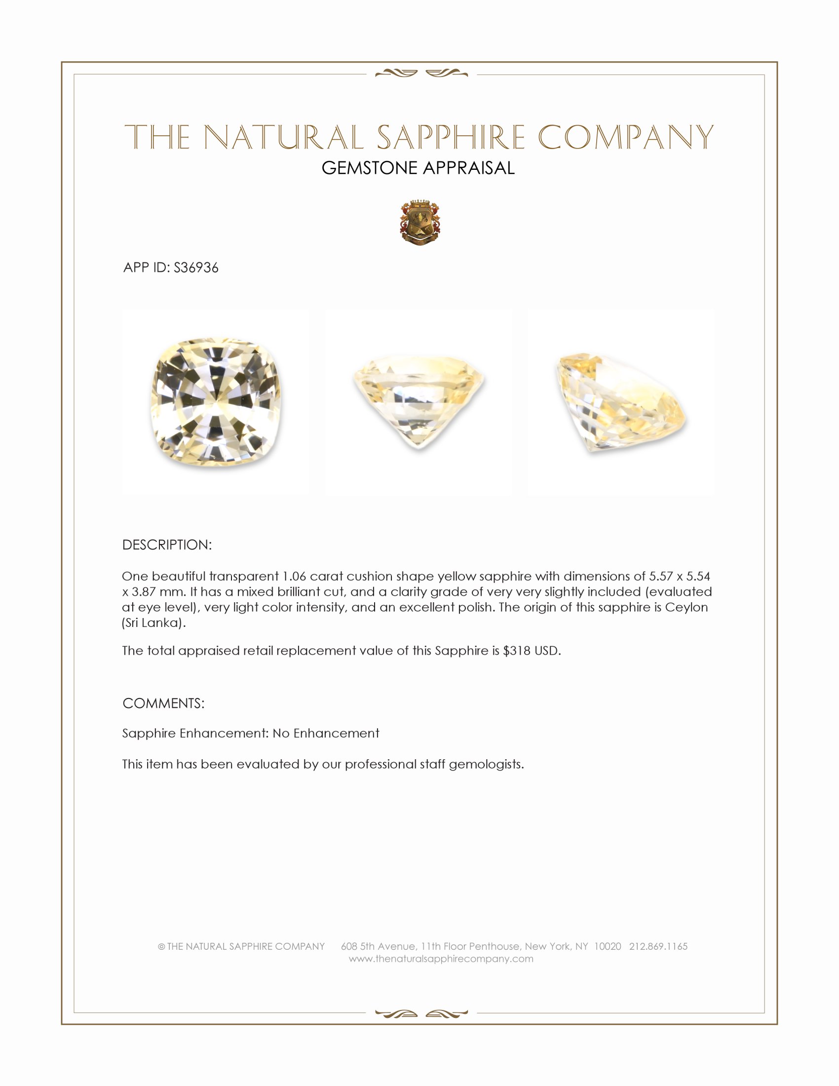 1.06 Ct. Yellow Sapphire from Ceylon (Sri Lanka)