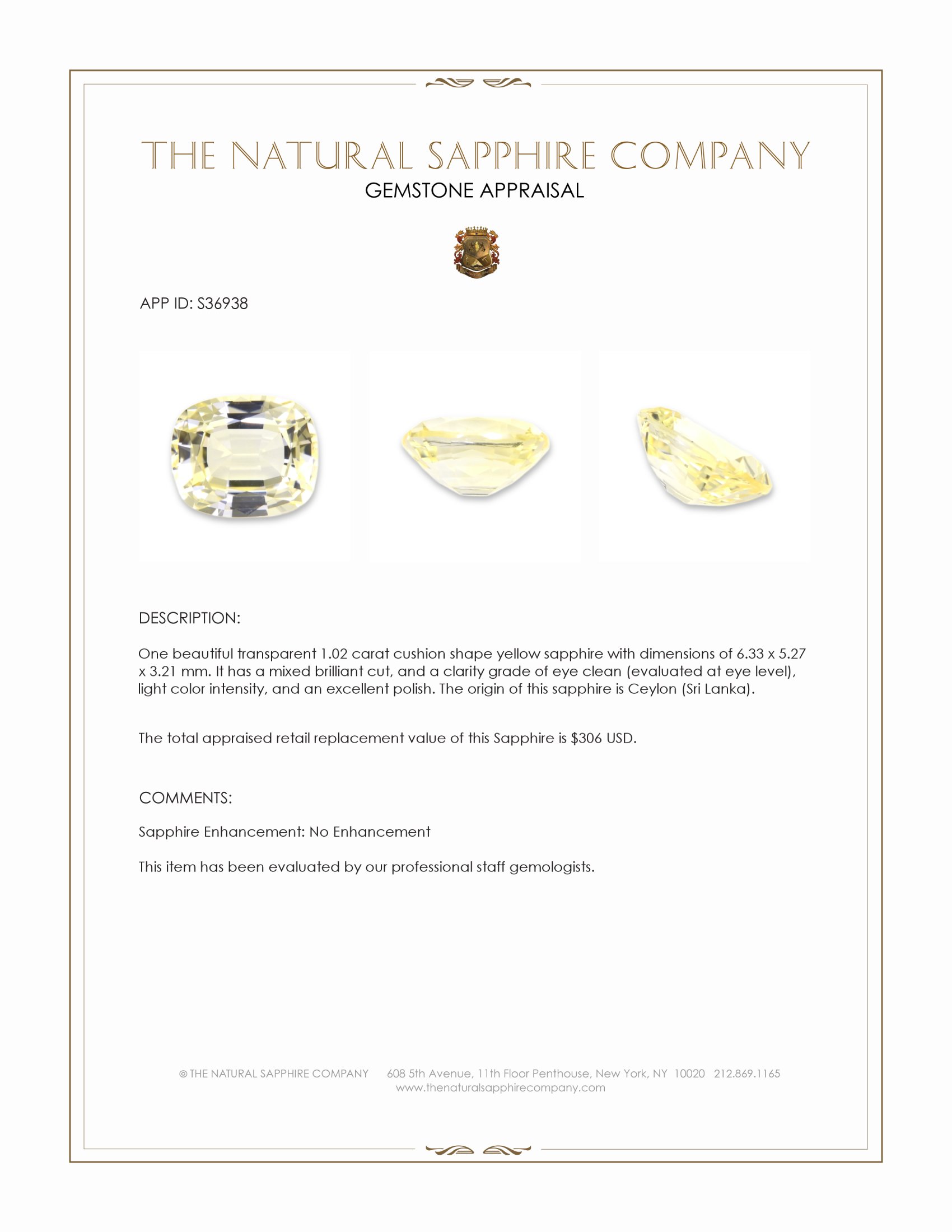 1.02 Ct. Yellow Sapphire from Ceylon (Sri Lanka)