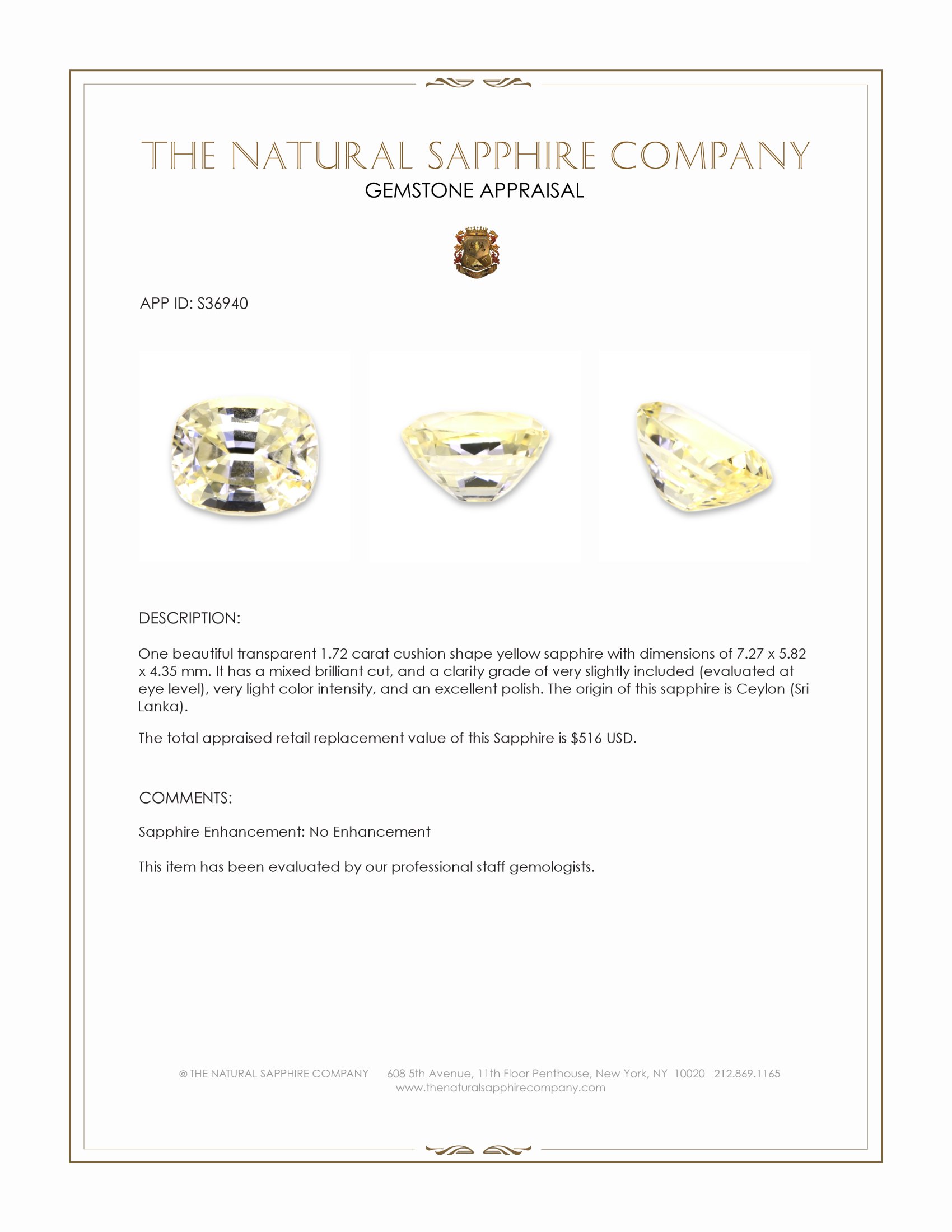 1.72 Ct. Yellow Sapphire from Ceylon (Sri Lanka)