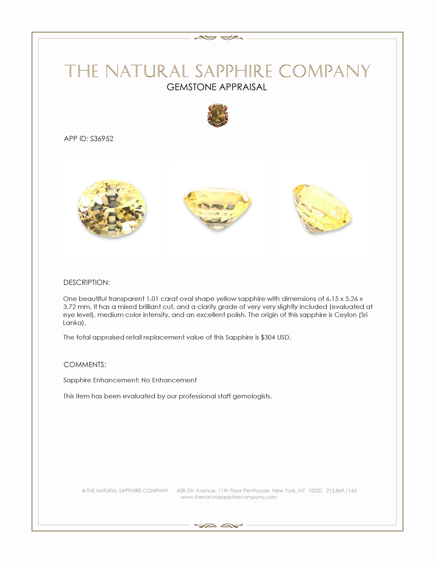 1.01 Ct. Yellow Sapphire from Ceylon (Sri Lanka)