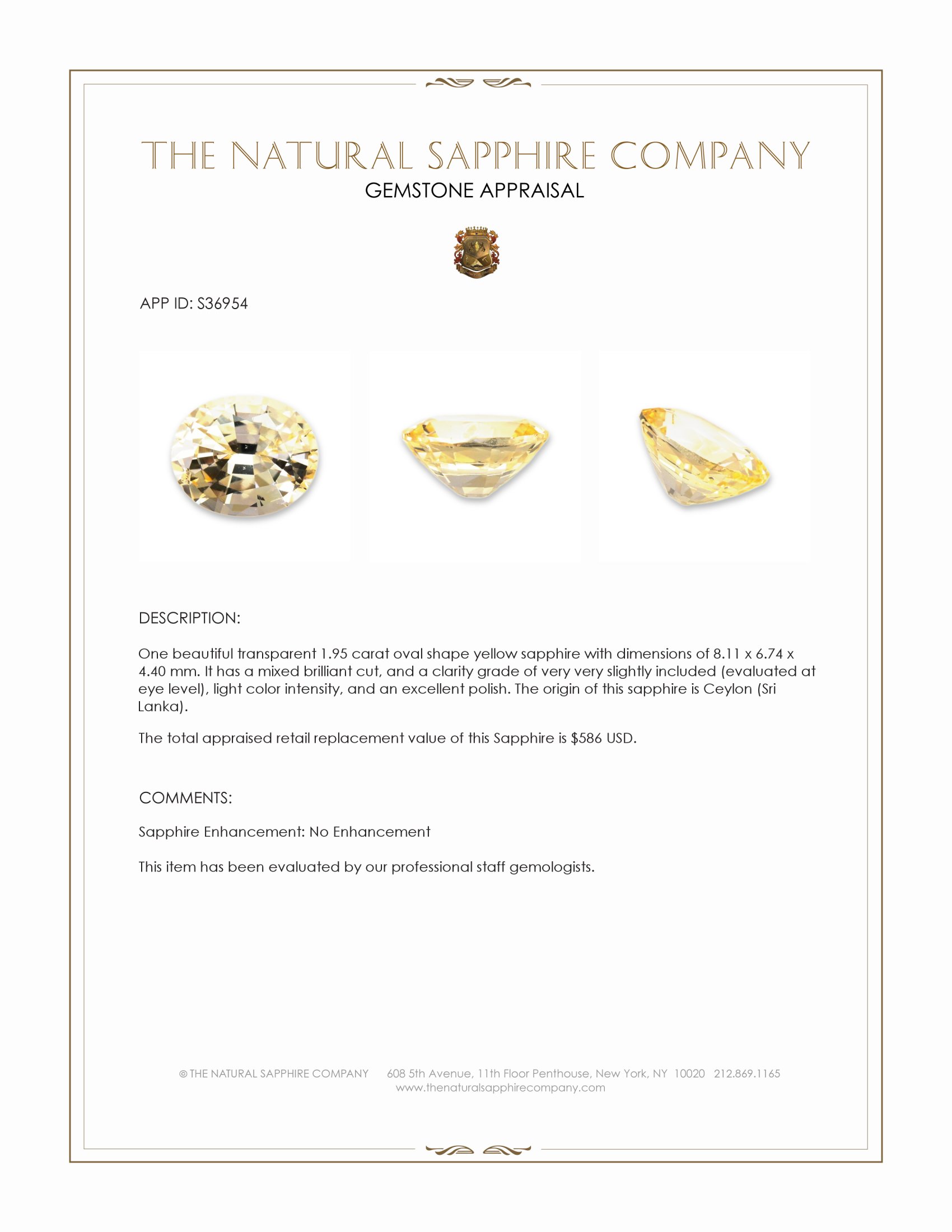 1.95 Ct. Yellow Sapphire from Ceylon (Sri Lanka)