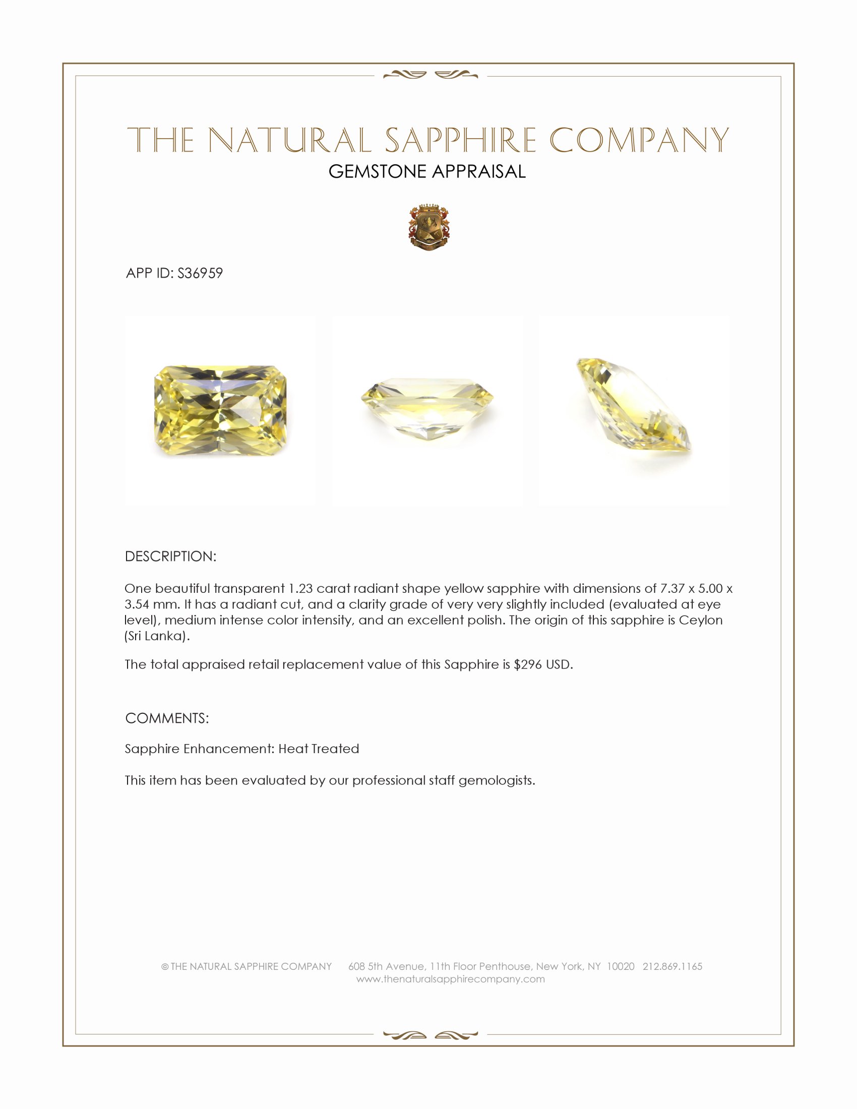 1.23 Ct. Yellow Sapphire from Ceylon (Sri Lanka)