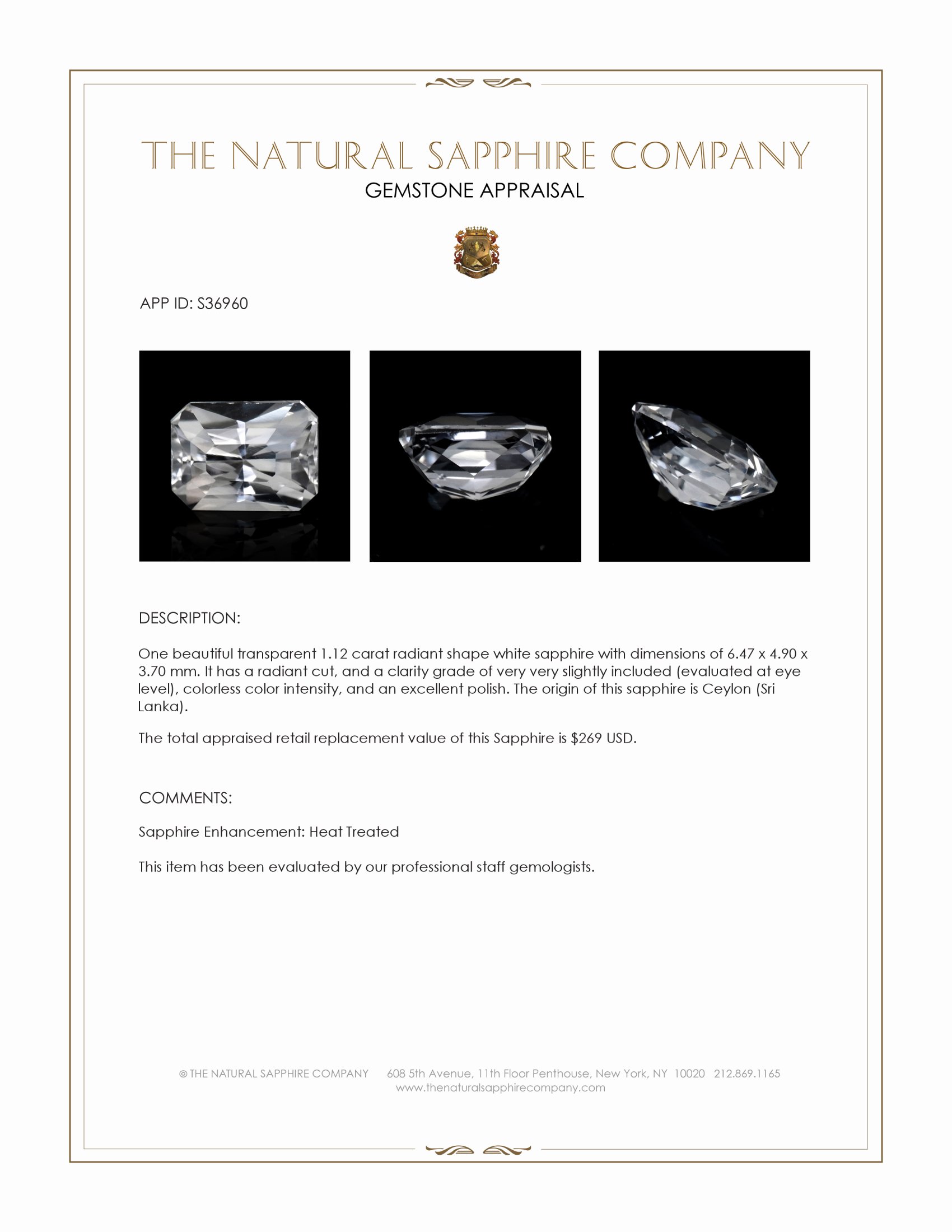 1.12 Ct. White Sapphire from Ceylon (Sri Lanka)