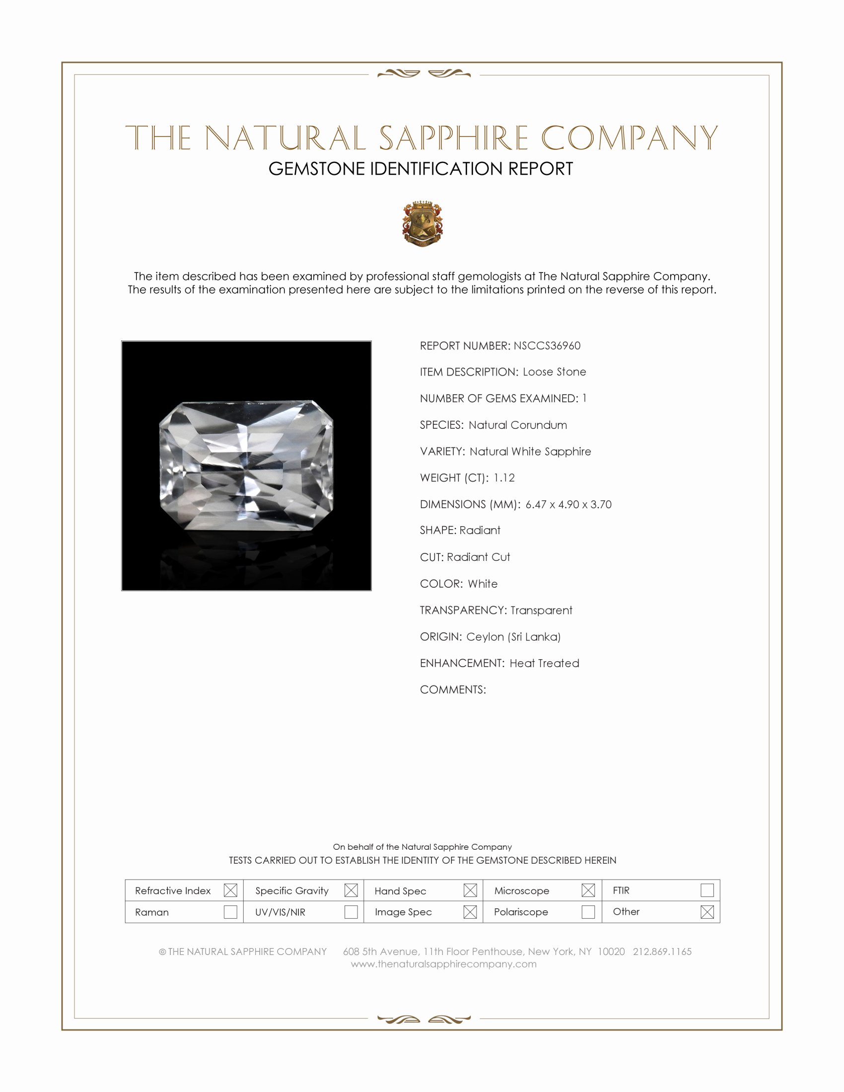 1.12 Ct. White Sapphire from Ceylon (Sri Lanka)