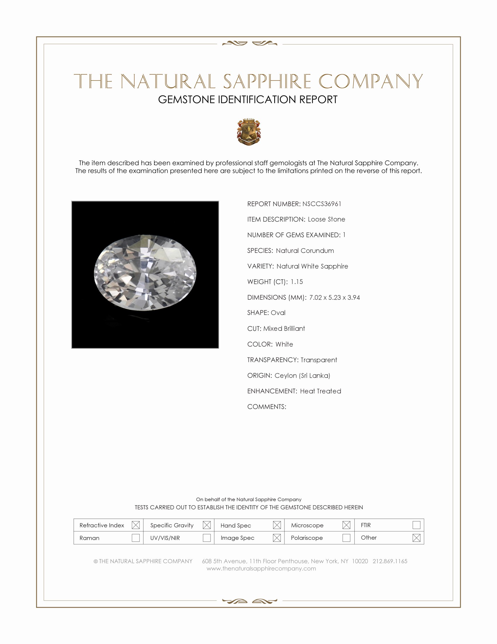 1.15 Ct. White Sapphire from Ceylon (Sri Lanka)