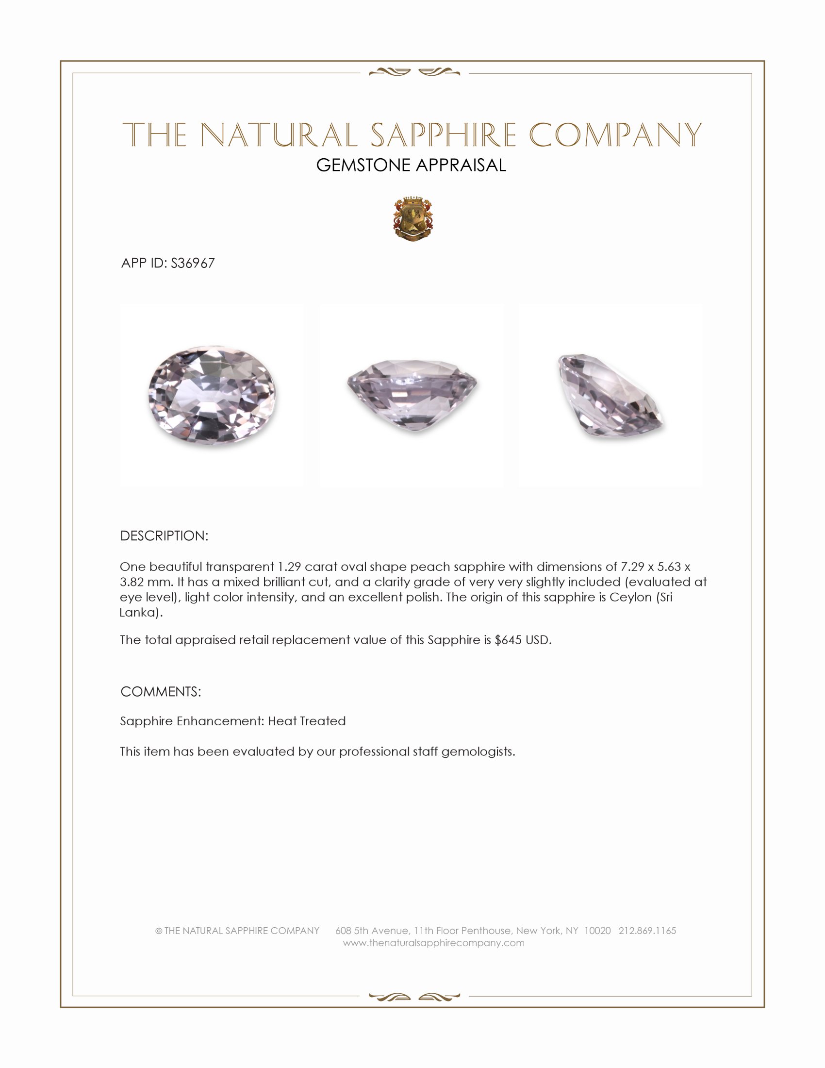 1.29 Ct. Peach Sapphire from Ceylon (Sri Lanka)