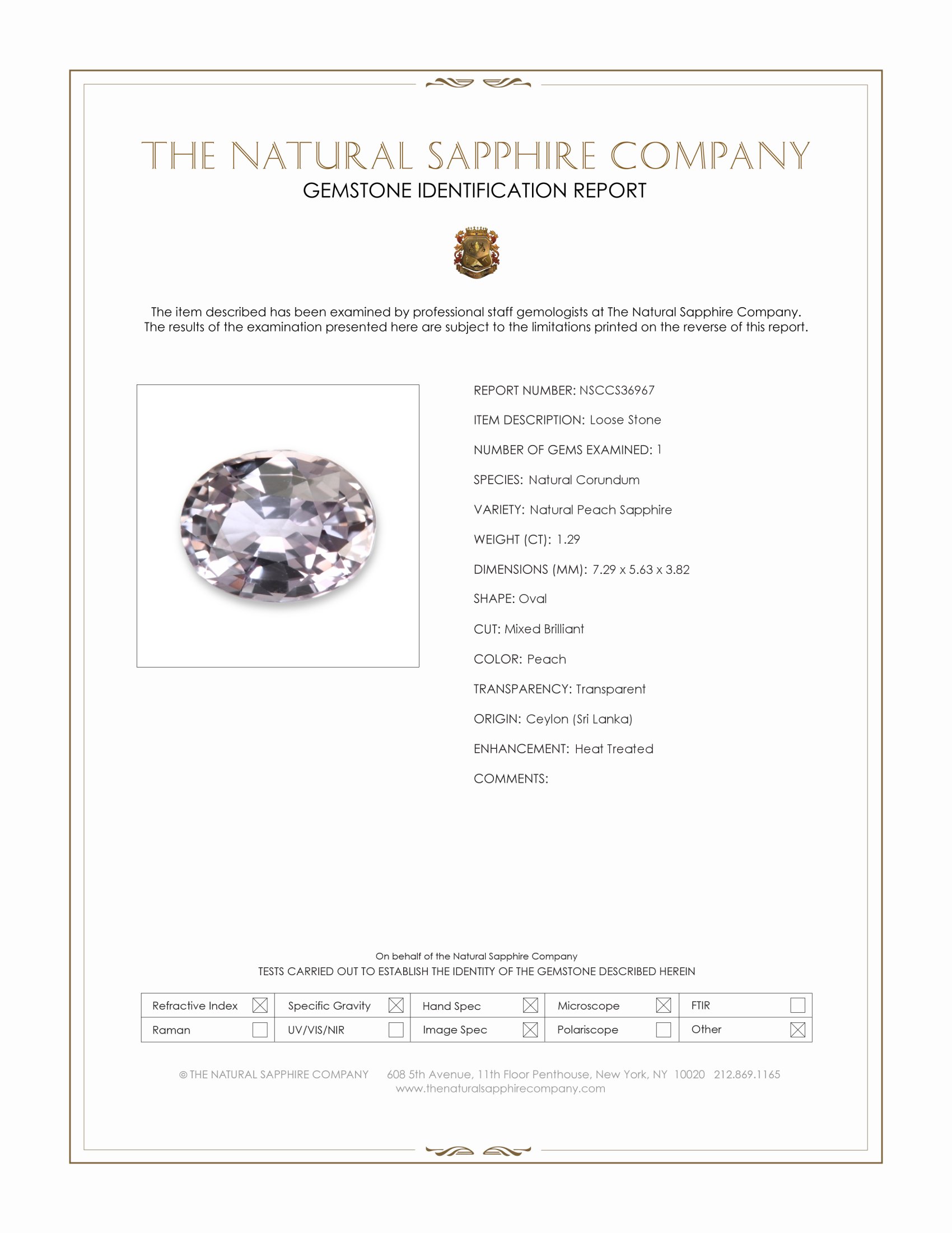 1.29 Ct. Peach Sapphire from Ceylon (Sri Lanka)