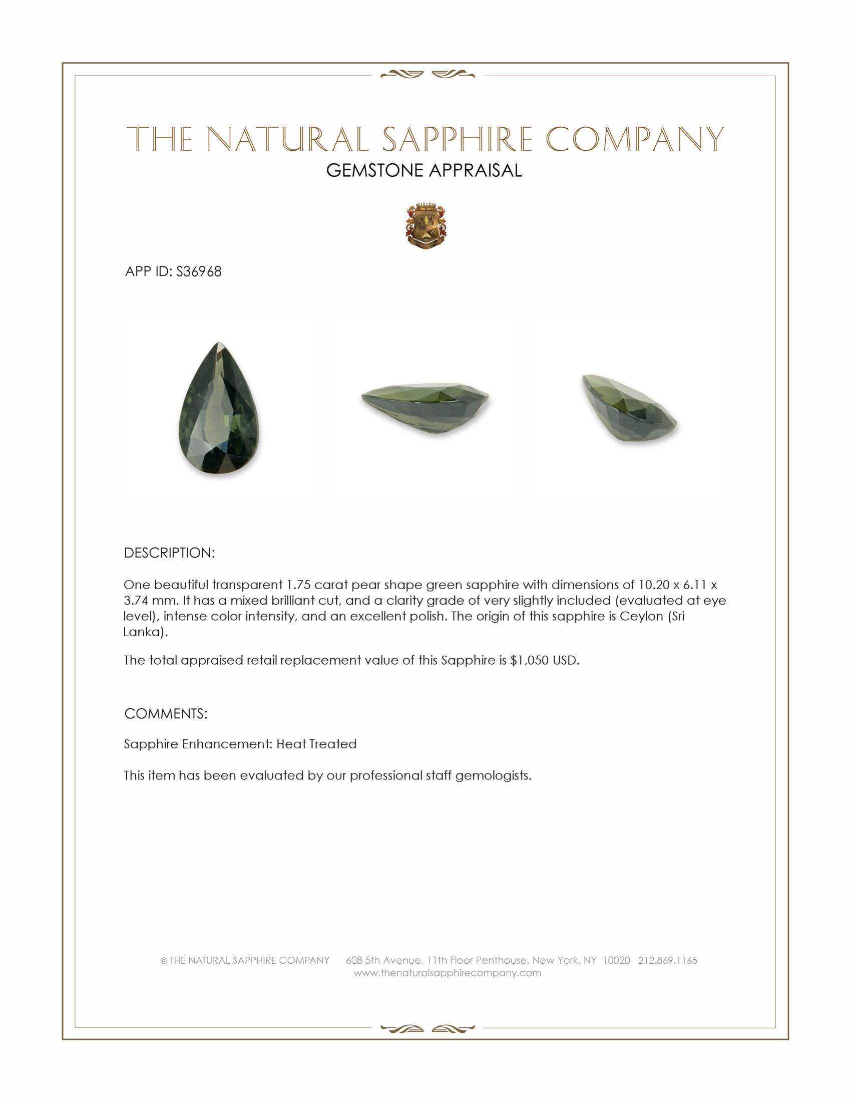 1.75 Ct. Green Sapphire from Ceylon (Sri Lanka)