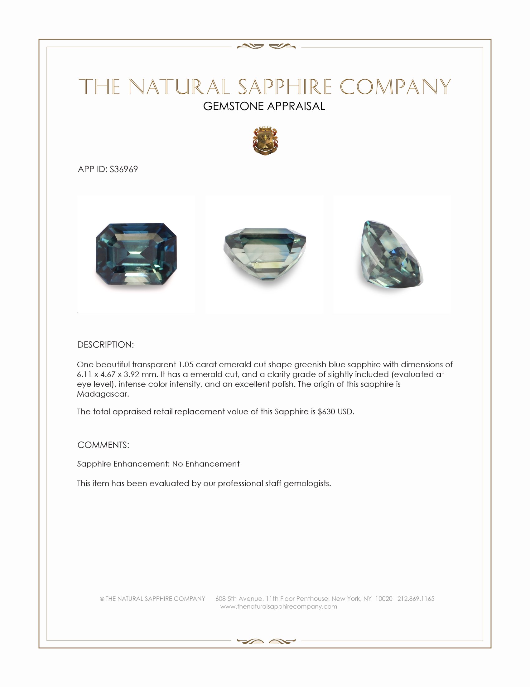 1.05 Ct. Greenish Blue Sapphire from Madagascar