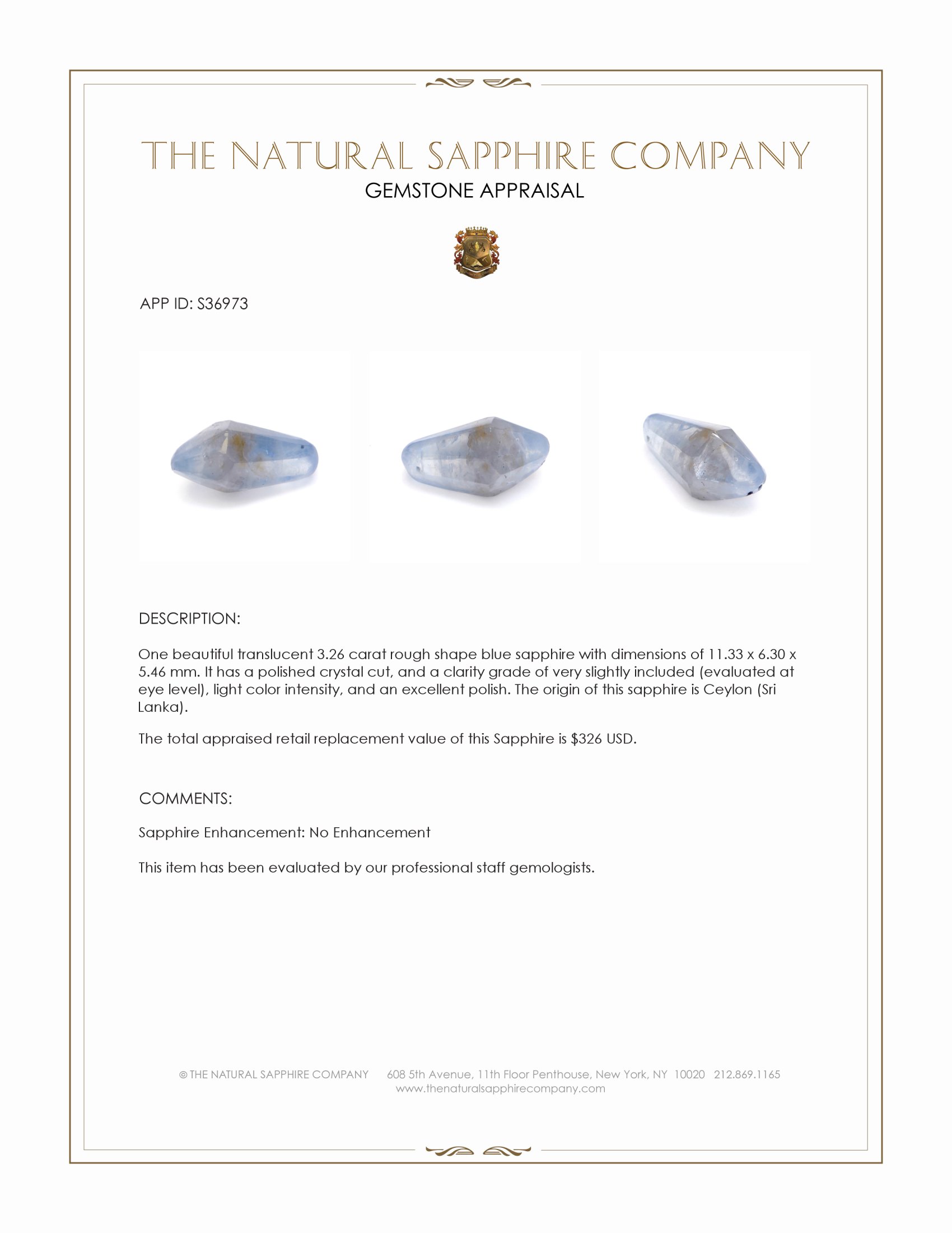 3.26 Ct. Blue Rough Sapphire Crystal from Ceylon (Sri Lanka)