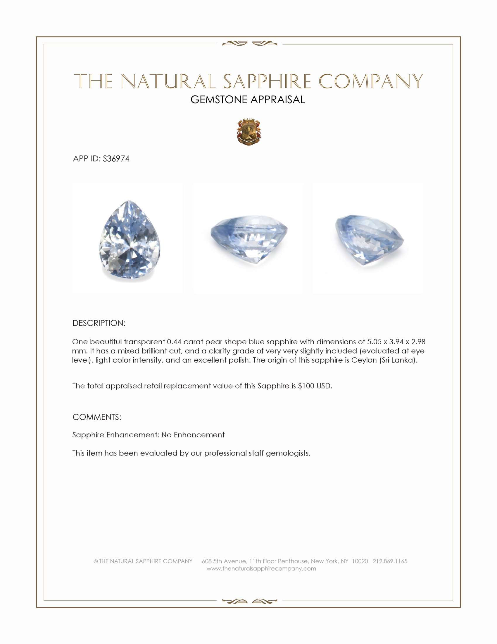 0.44 Ct. Blue Sapphire from Ceylon (Sri Lanka)