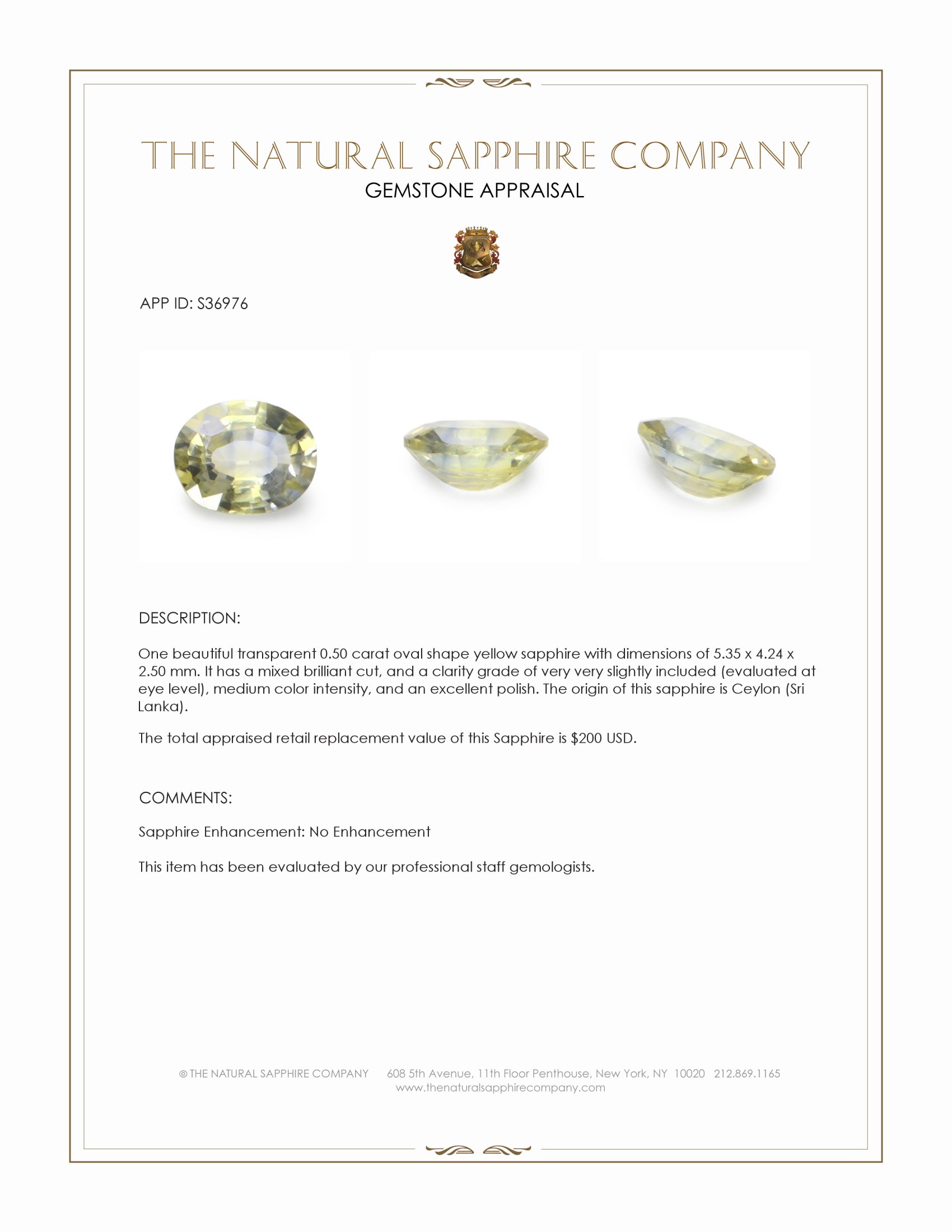 0.50 Ct. Yellow Sapphire from Ceylon (Sri Lanka)