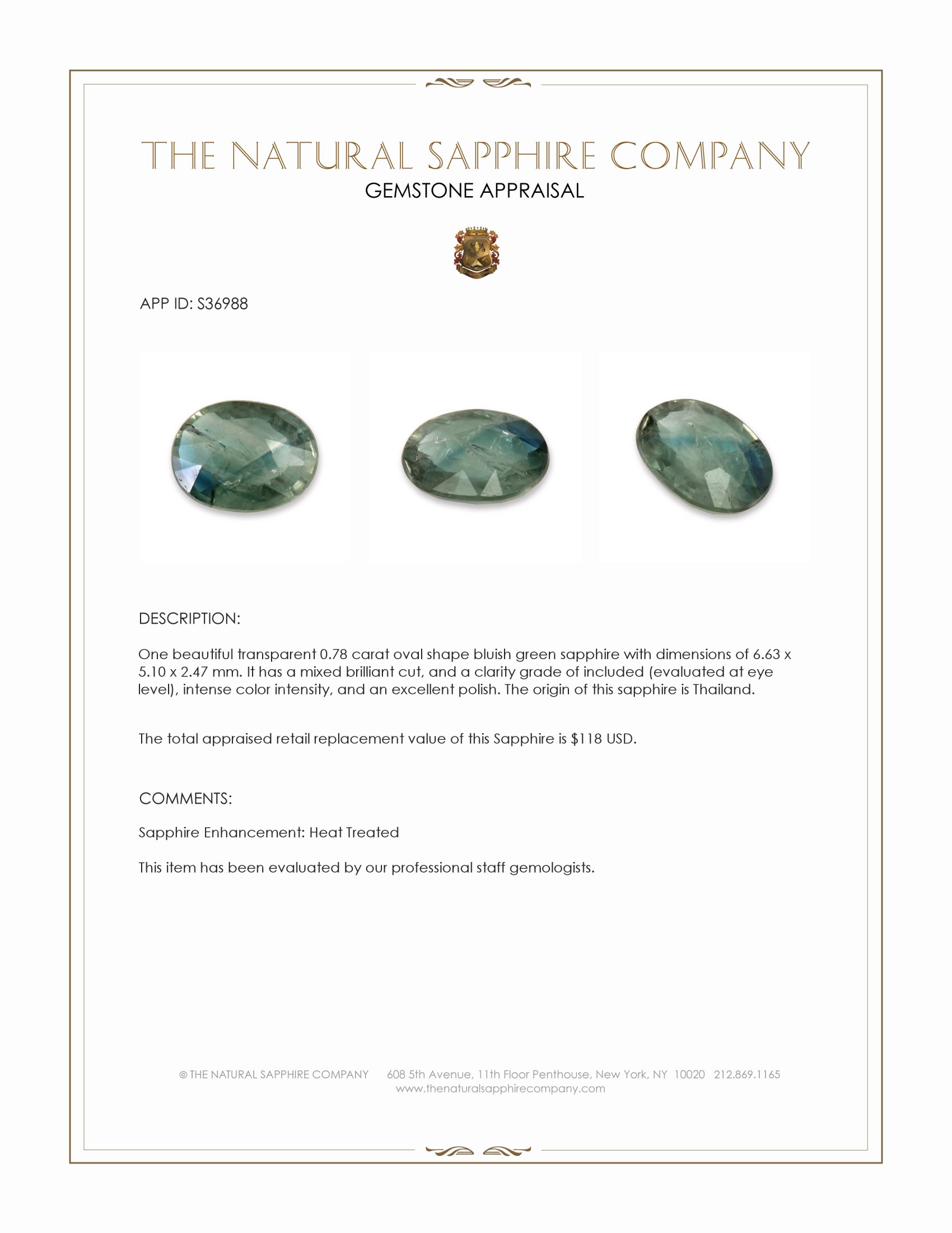 0.78 Ct. Bluish Green Sapphire from Thailand