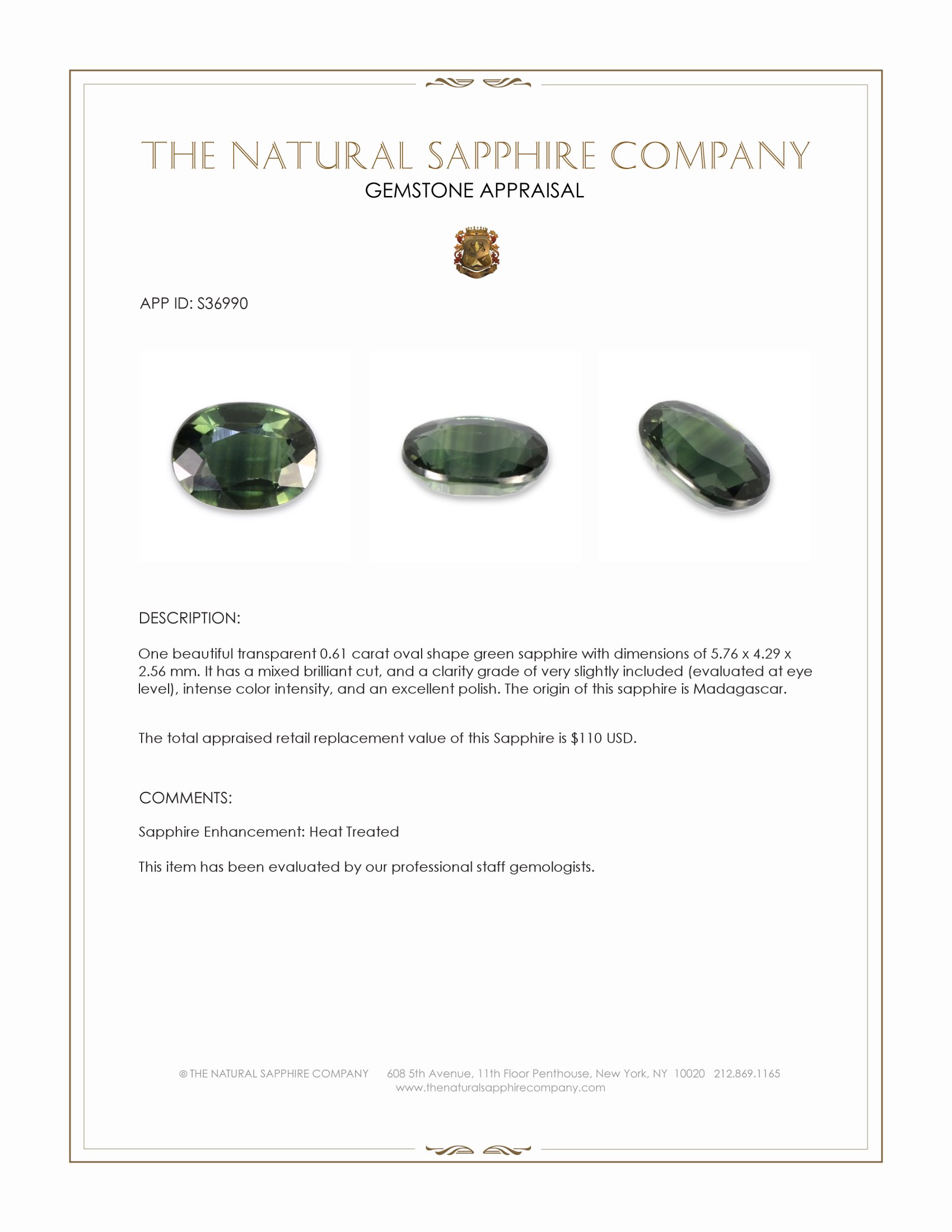 0.61 Ct. Green Sapphire from Madagascar