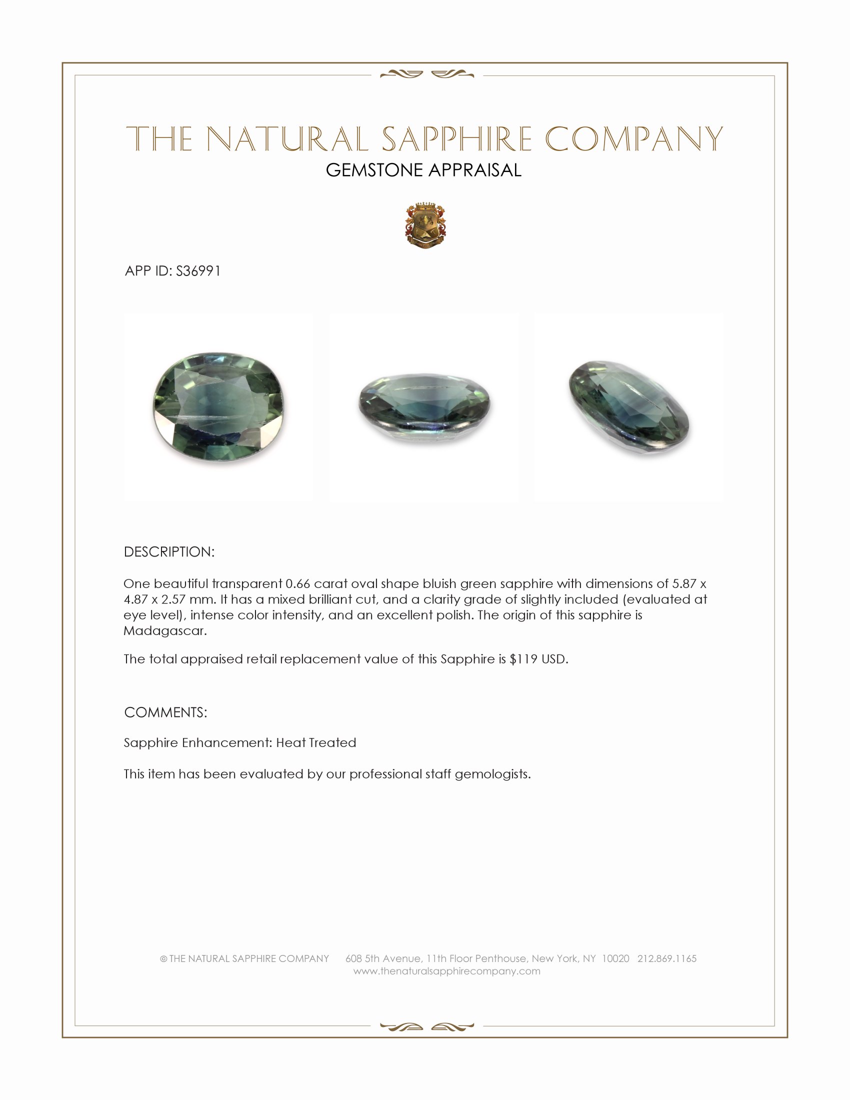 0.66 Ct. Bluish Green Sapphire from Madagascar