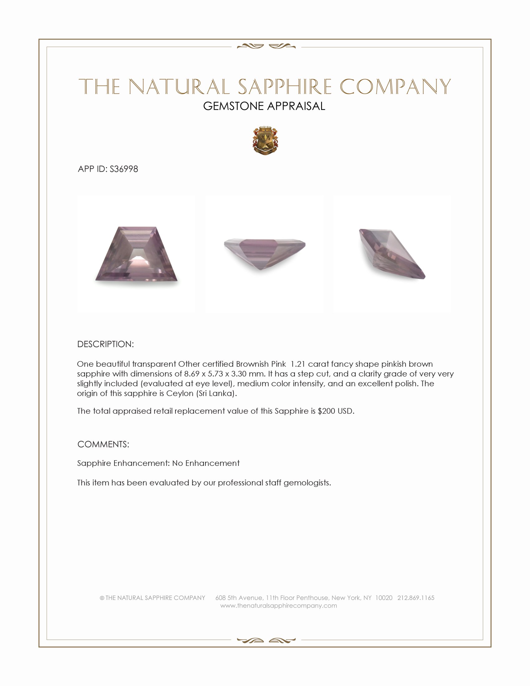 1.21 Ct. Pinkish Brown Sapphire from Ceylon (Sri Lanka)