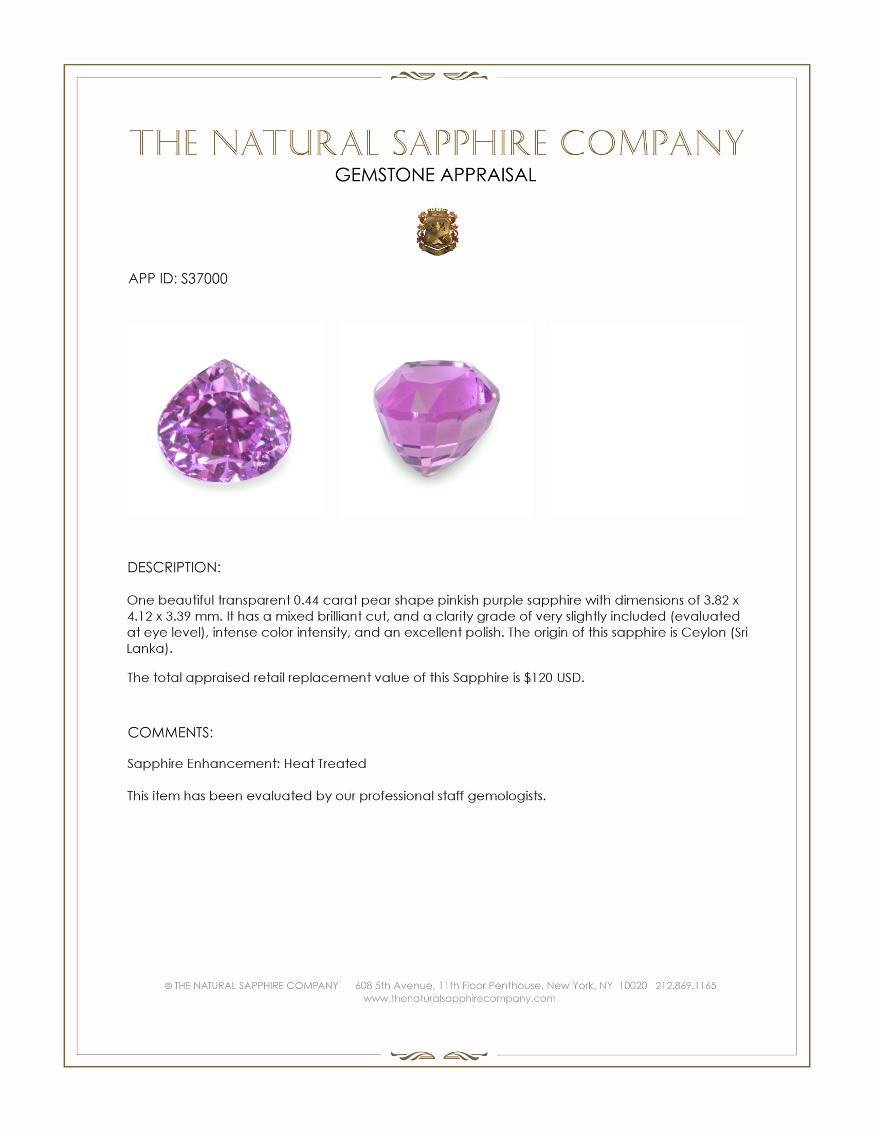 0.44 Ct. Pinkish Purple Sapphire from Ceylon (Sri Lanka)