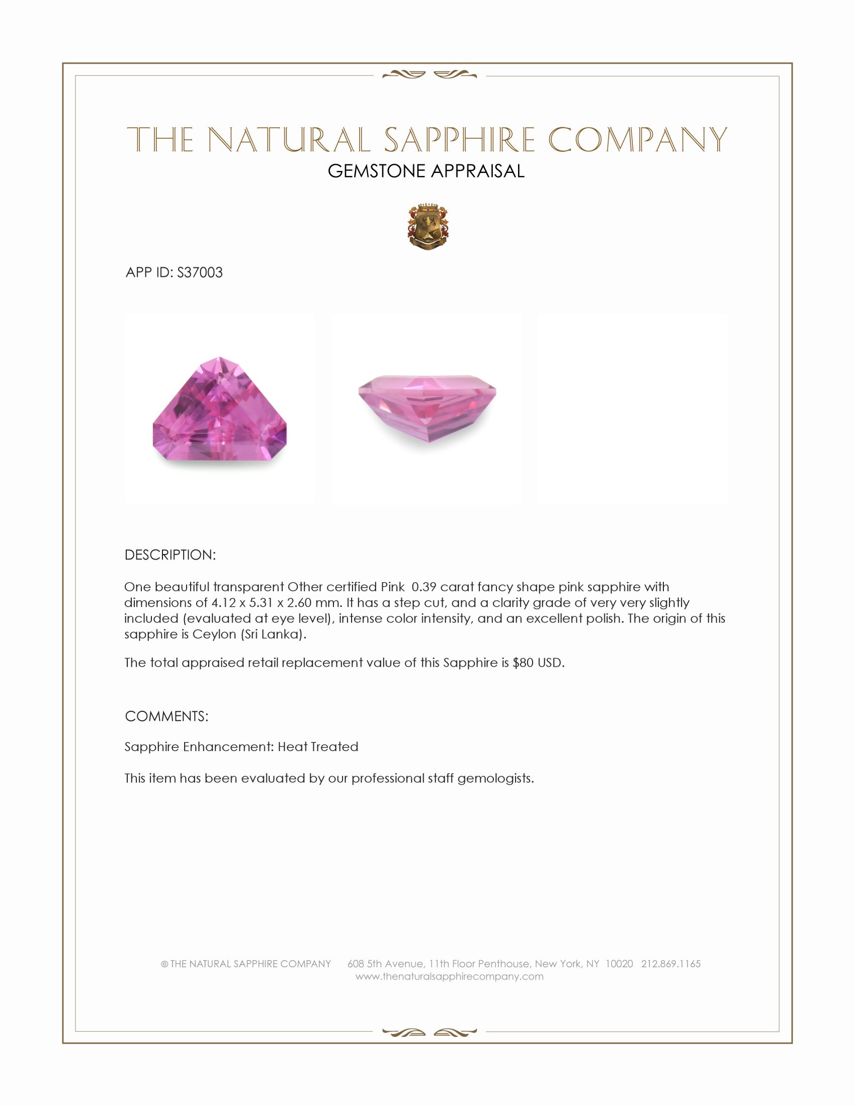 0.39 Ct. Pink Sapphire from Ceylon (Sri Lanka)