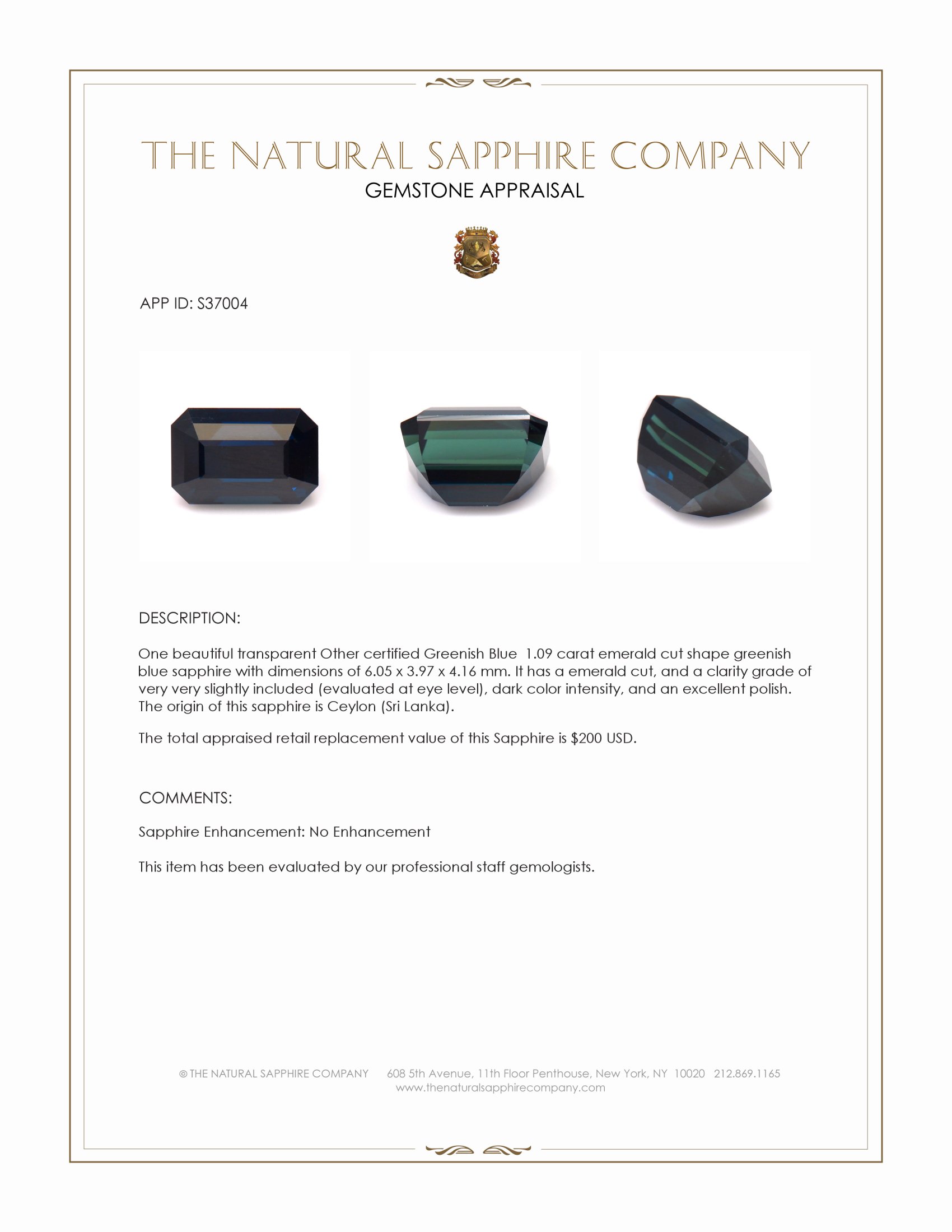 1.09 Ct. Greenish Blue Sapphire from Ceylon (Sri Lanka)