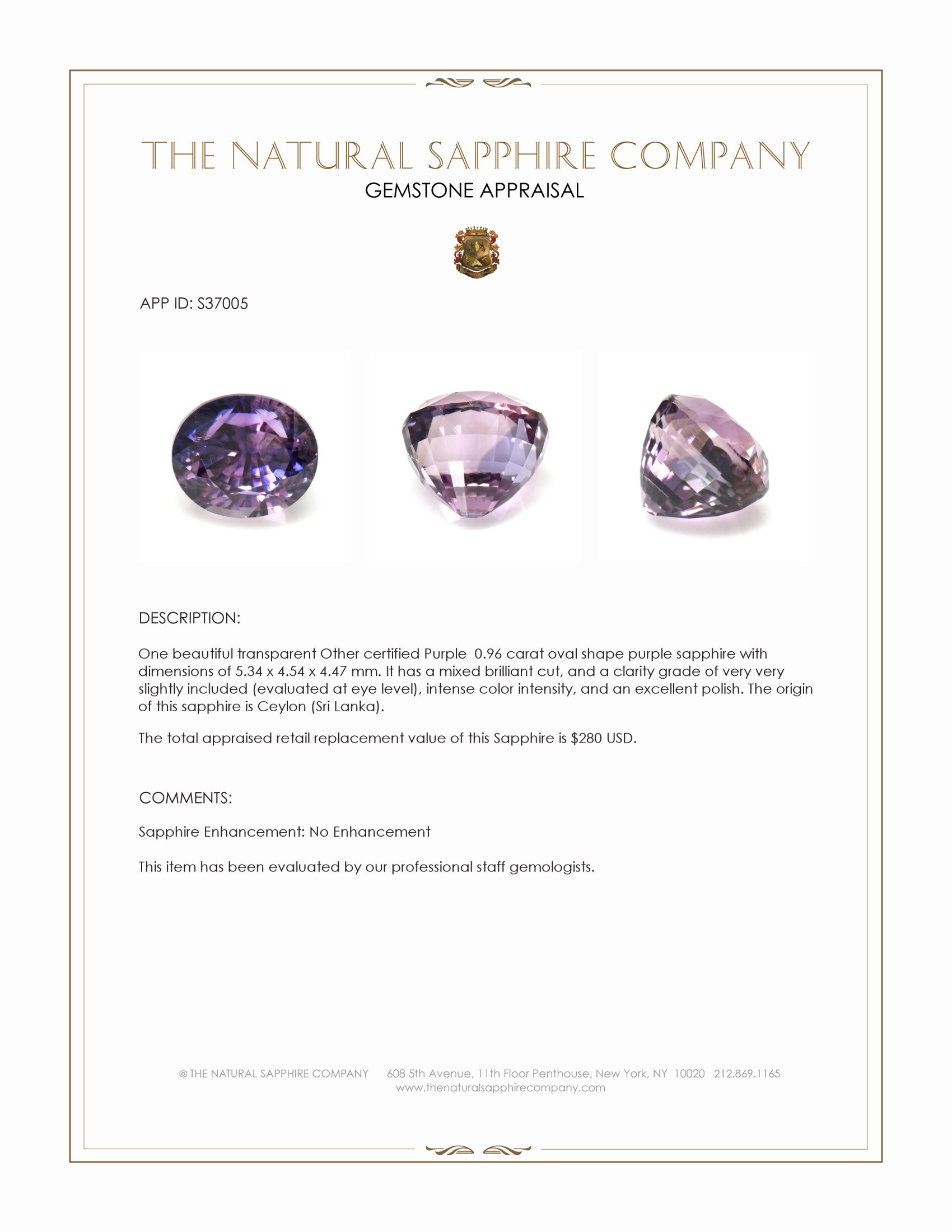 0.96 Ct. Purple Sapphire from Ceylon (Sri Lanka)