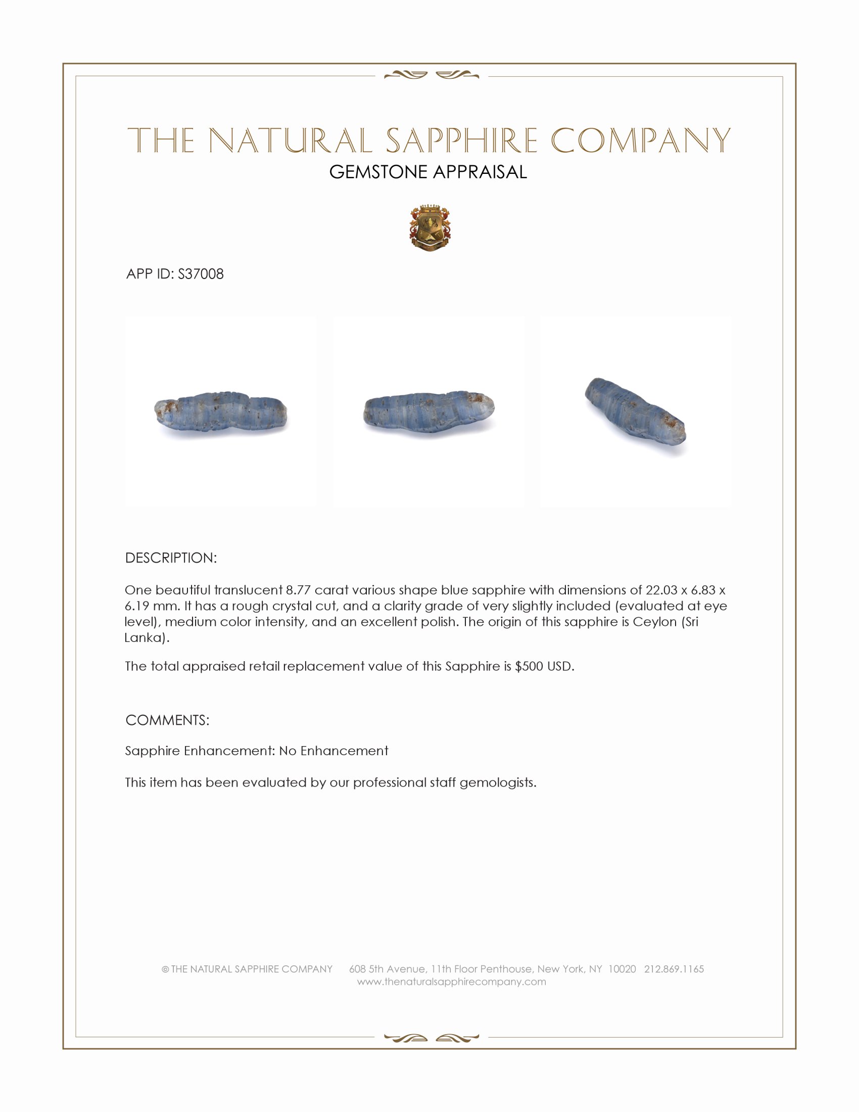 8.77 Ct. Blue Sapphire Crystal from Ceylon (Sri Lanka)