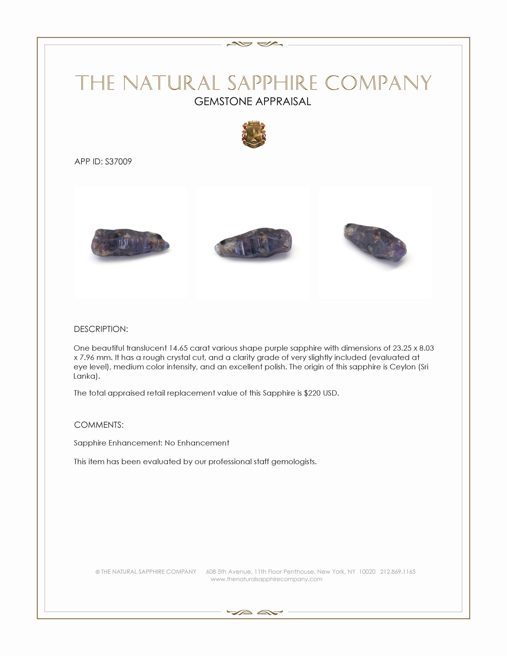 14.65 Ct. Purple Sapphire Crystal from Ceylon (Sri Lanka)