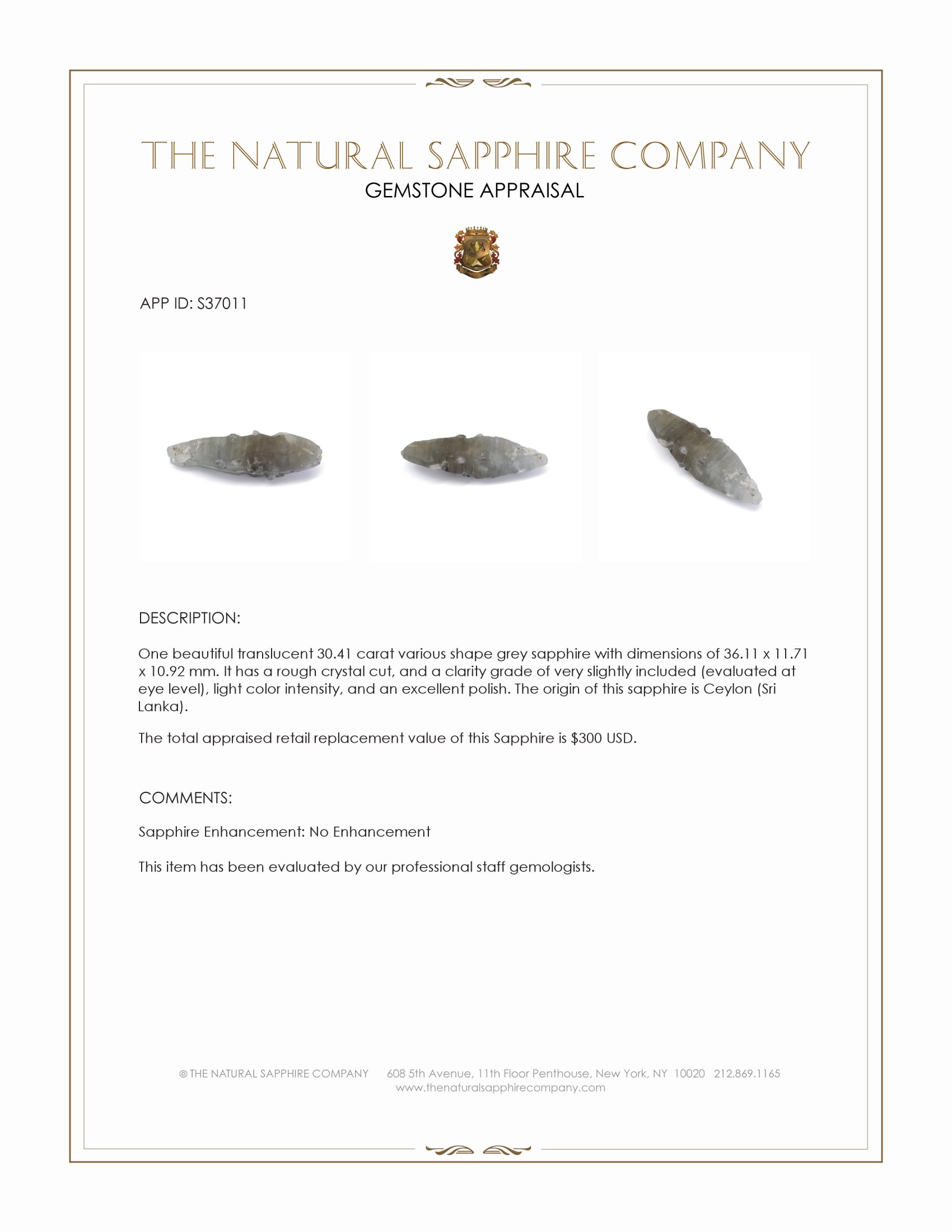 30.41 Ct. Grey Sapphire Crystal from Ceylon (Sri Lanka)