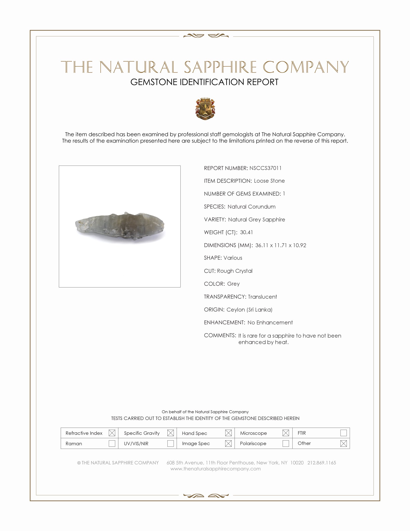 30.41 Ct. Grey Sapphire Crystal from Ceylon (Sri Lanka)