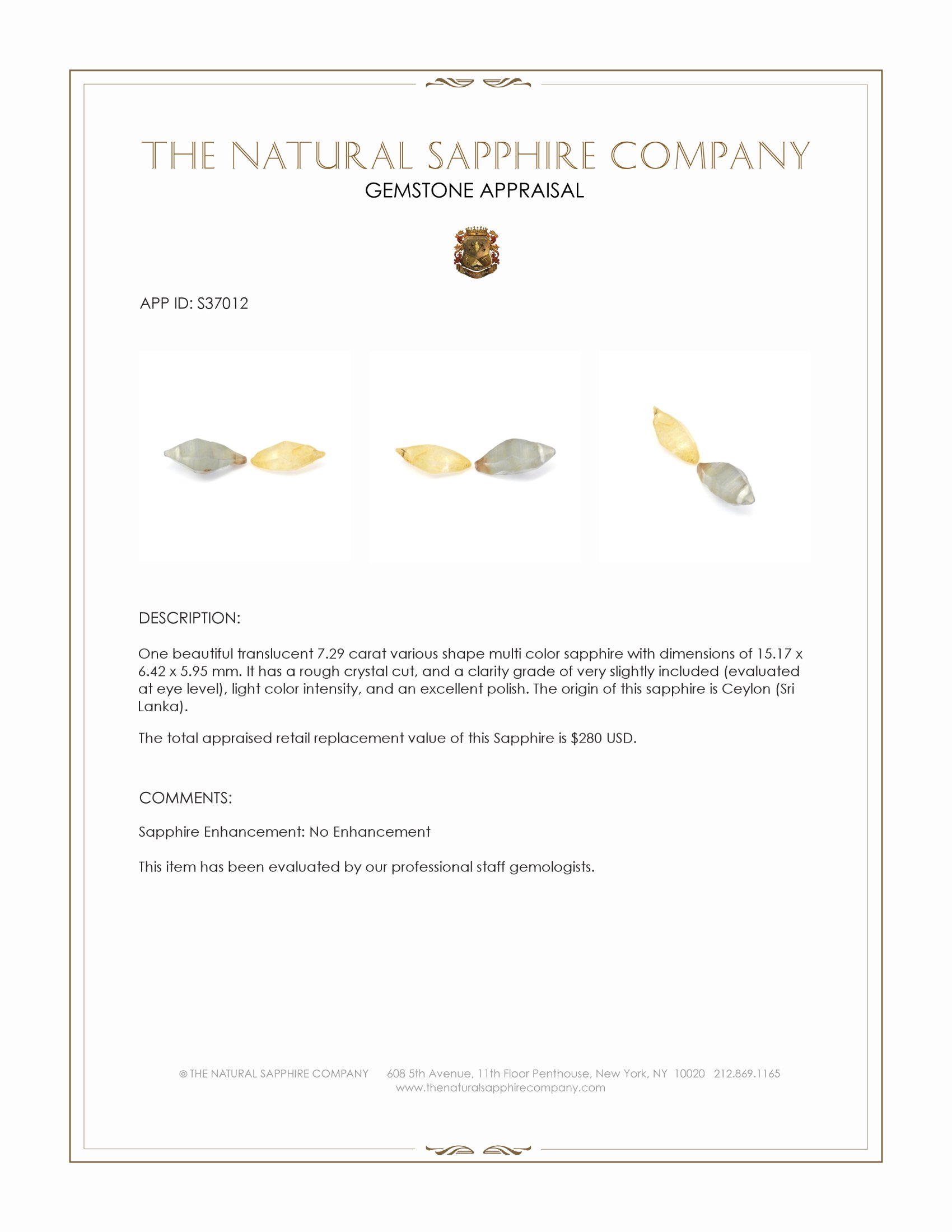 7.29 Ct. Multi Color Sapphire Crystal from Ceylon (Sri Lanka)