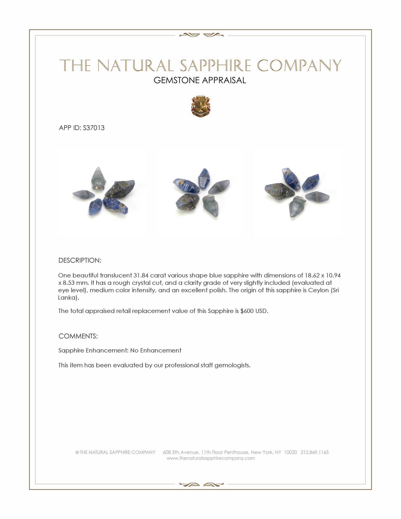 31.84 Ct. Blue Sapphire Crystal from Ceylon (Sri Lanka)