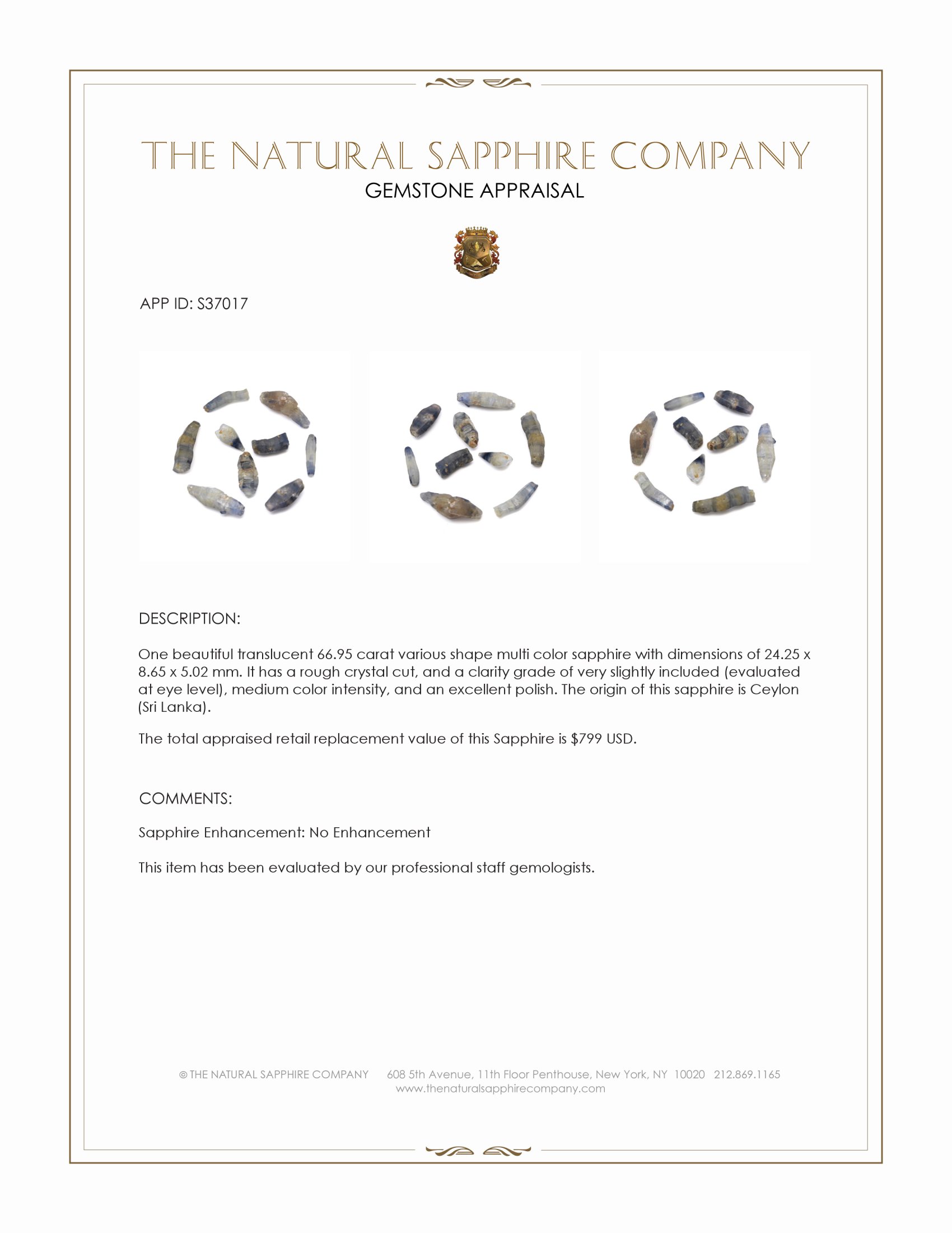 66.95 Ct. Multi Color Sapphire Crystal from Ceylon (Sri Lanka)