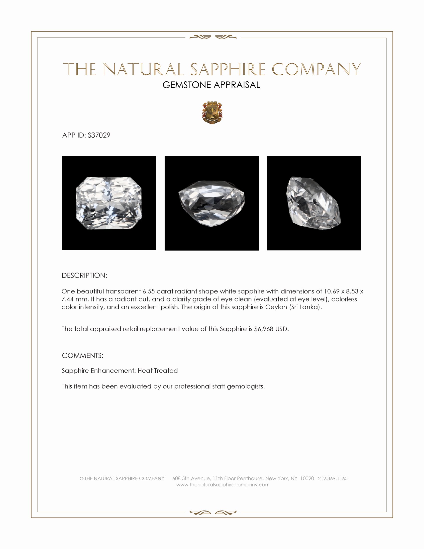 6.55 Ct. White Sapphire from Ceylon (Sri Lanka)