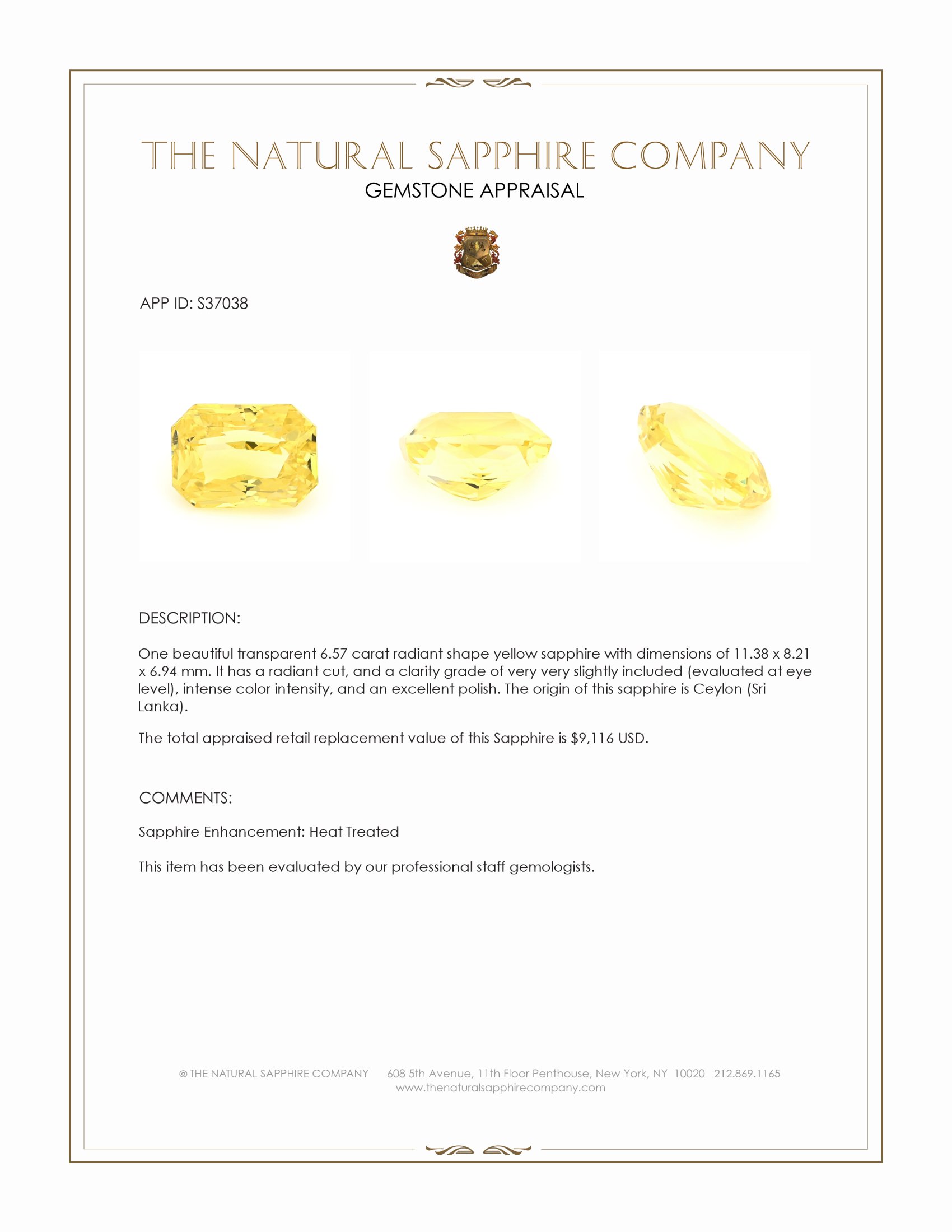 6.57 Ct. Yellow Sapphire from Ceylon (Sri Lanka)