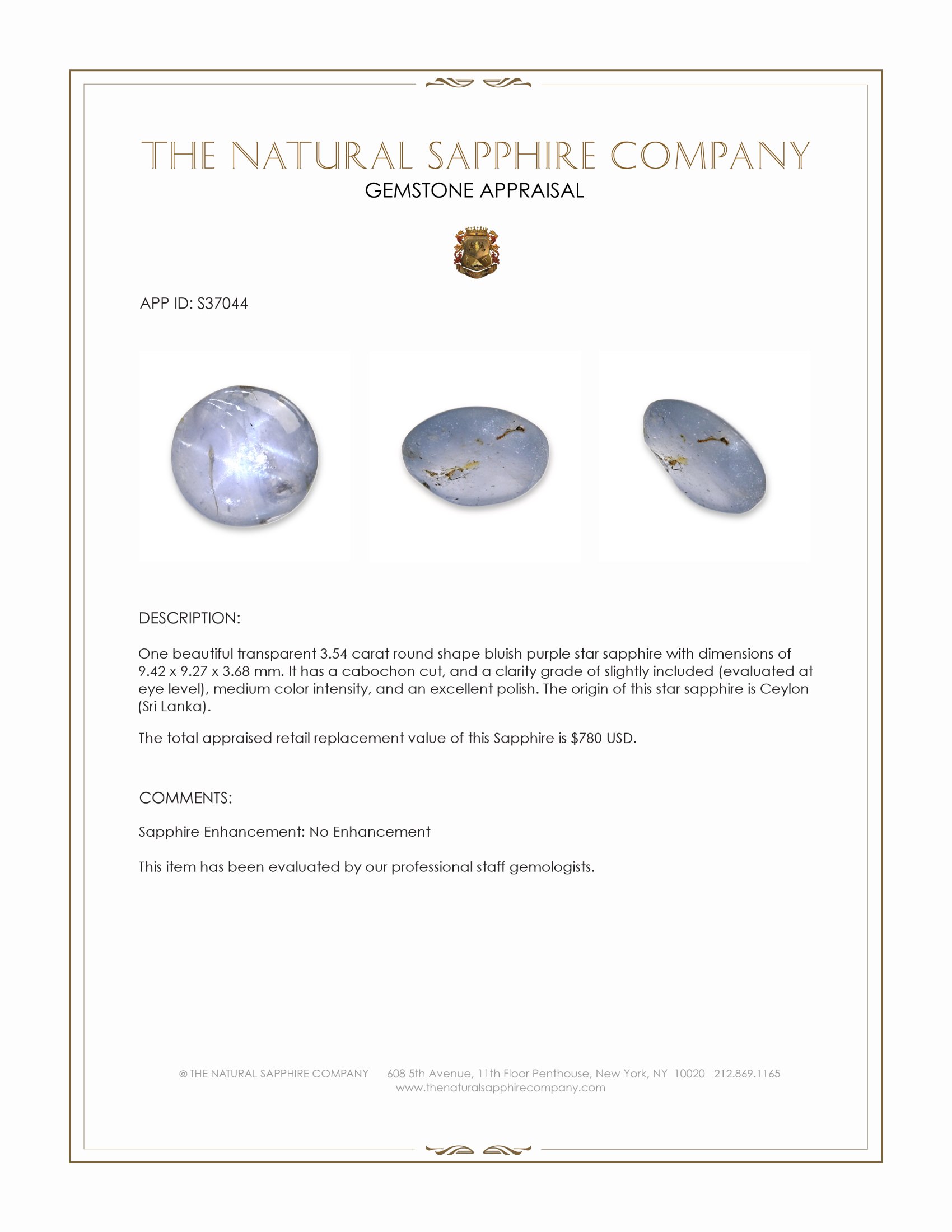 3.54 Ct. Bluish Purple Star Sapphire from Ceylon (Sri Lanka)