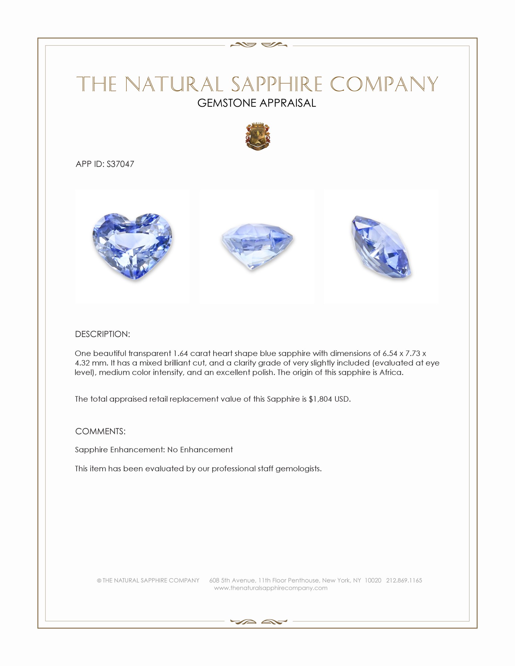 1.64 Ct. Blue Sapphire from Africa