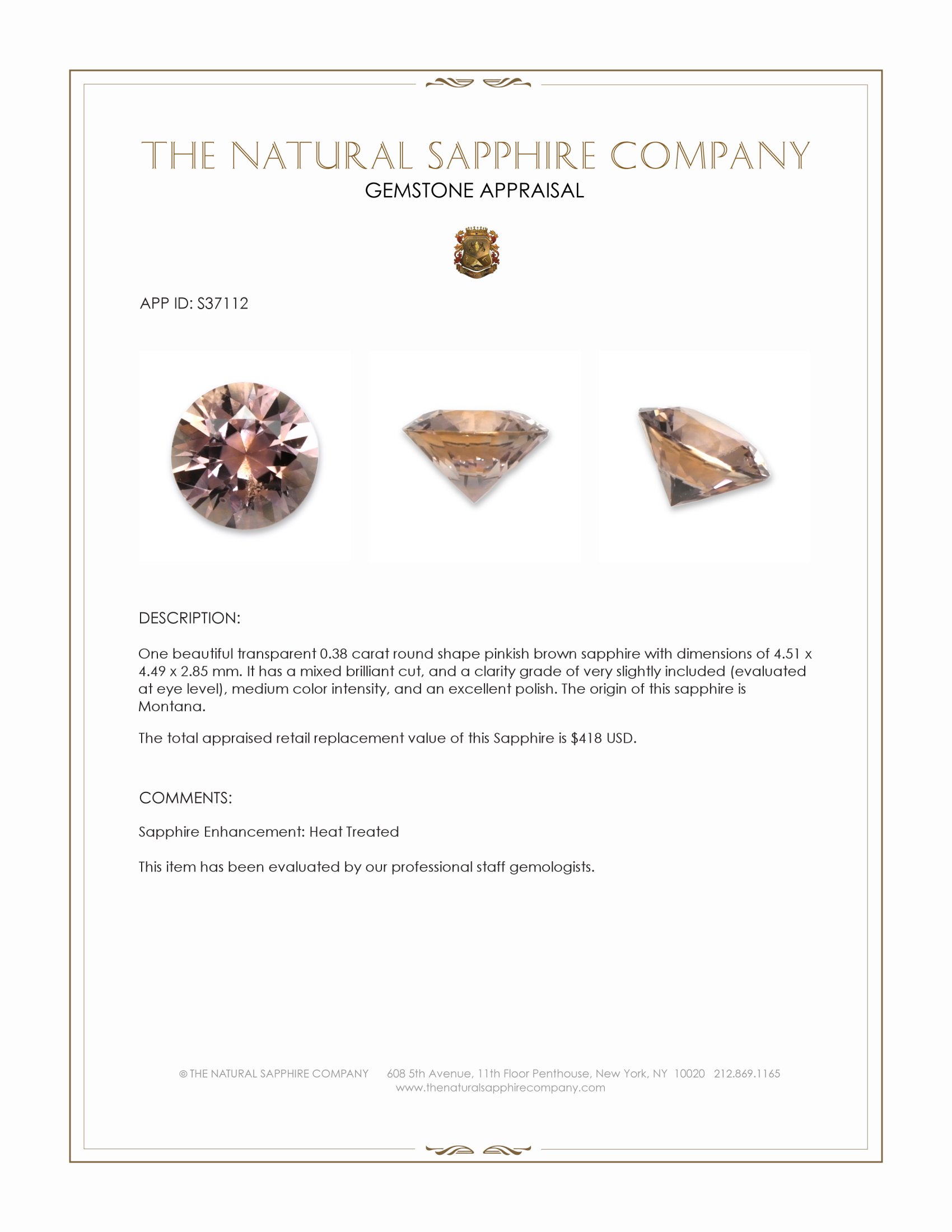 0.38 Ct. Pinkish Brown Sapphire from Montana