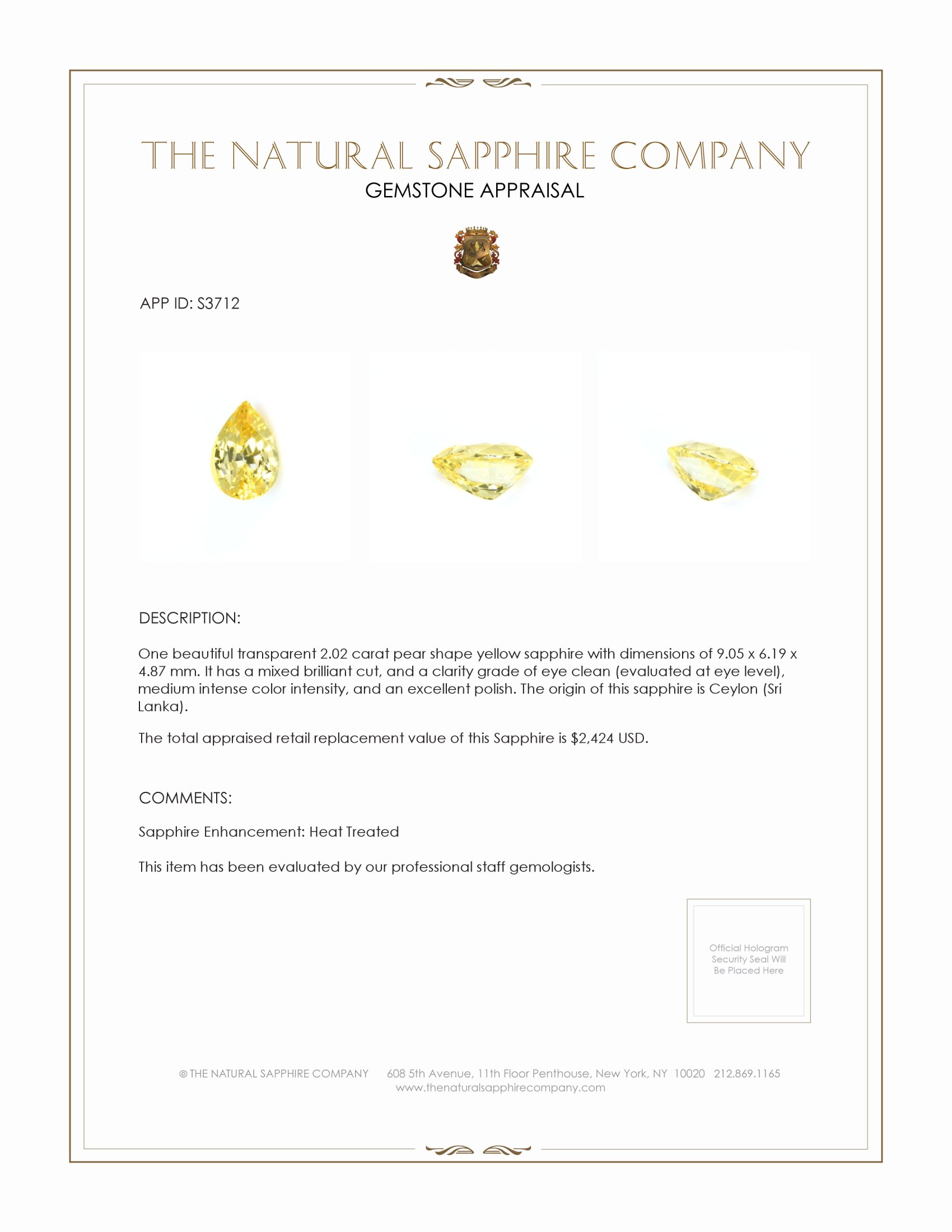 2.02 Ct. Yellow Sapphire from Ceylon (Sri Lanka)
